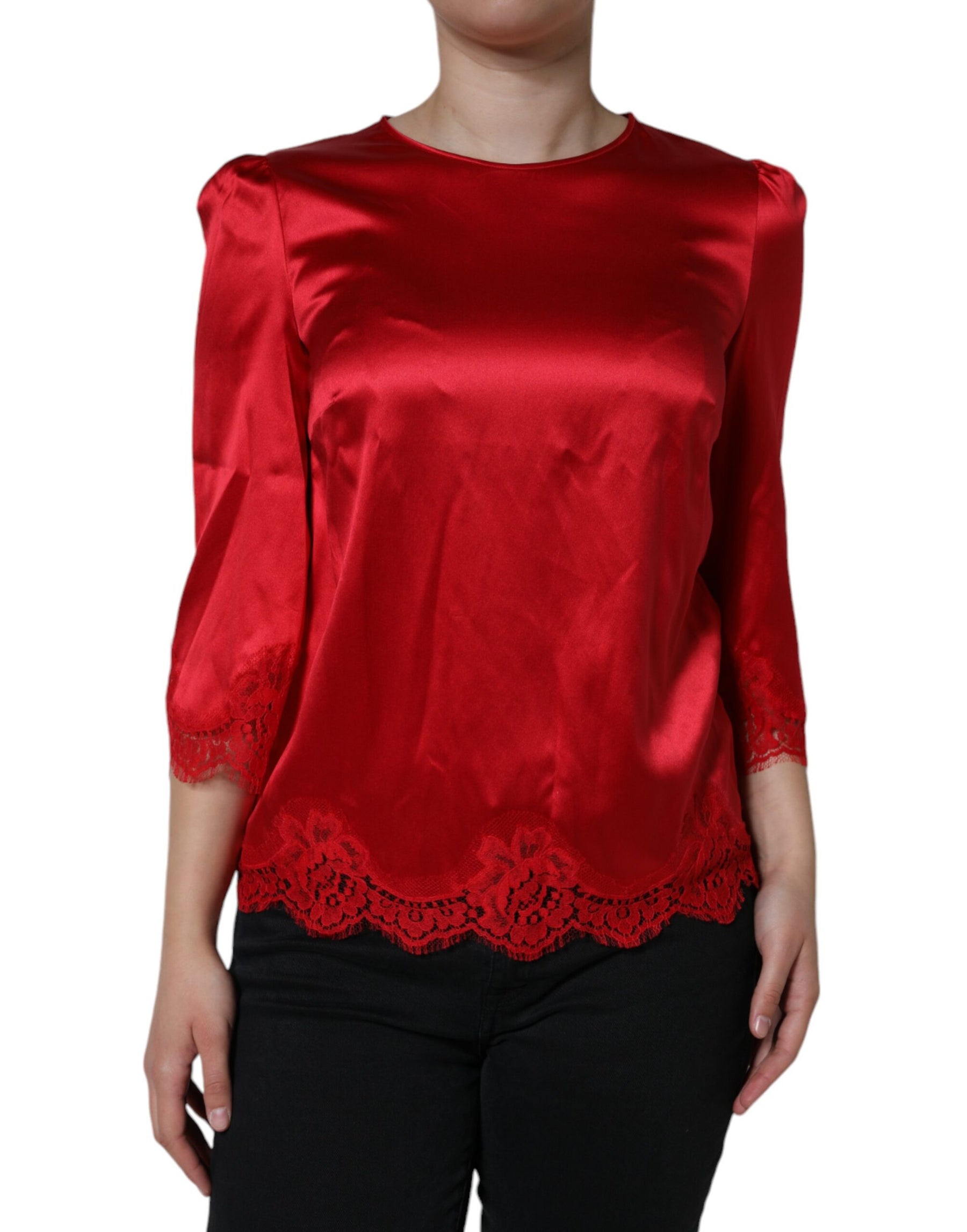 Dolce & Gabbana Red Satin Lace Trim Round Neck Blouse Top | Regal Royce