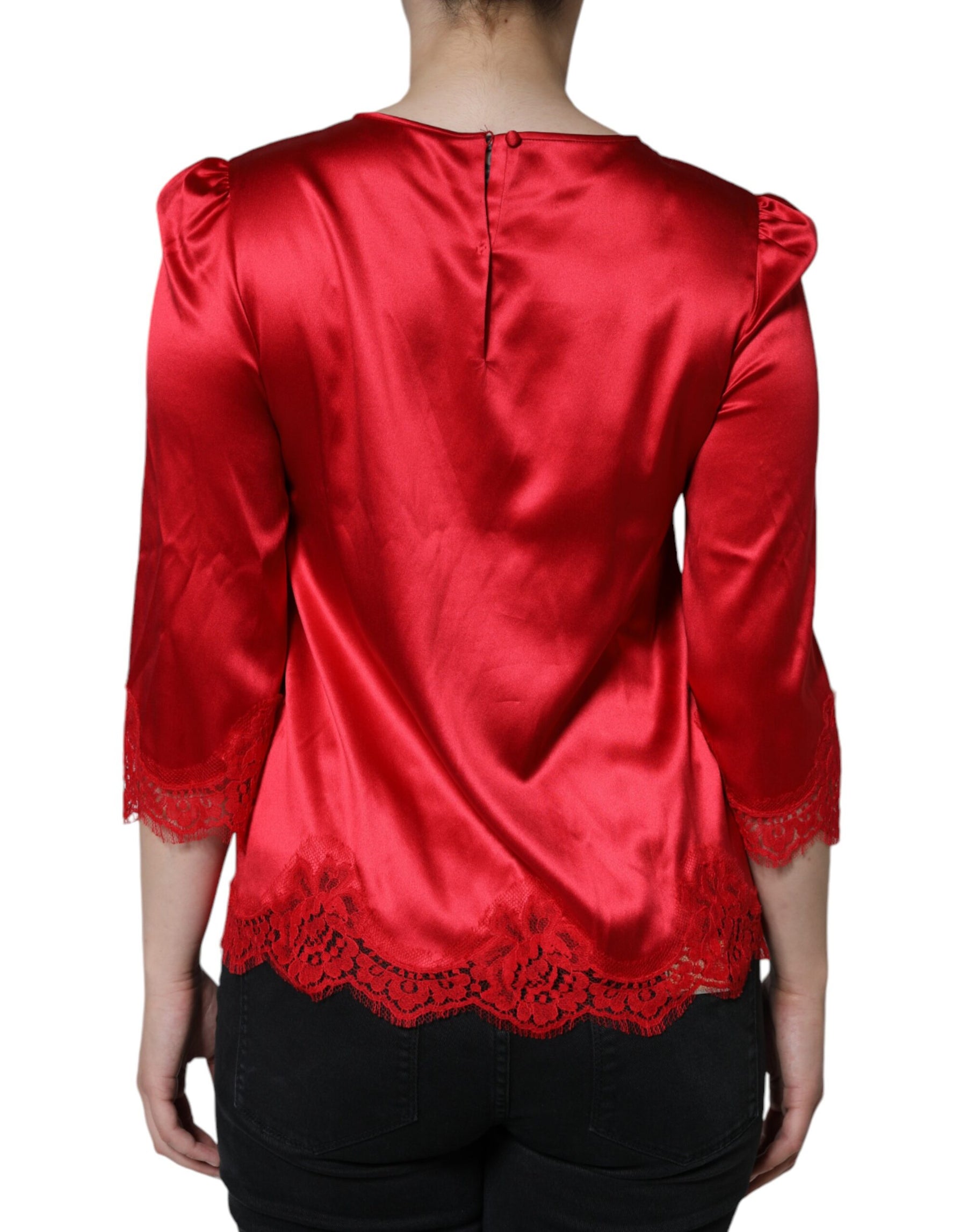Dolce & Gabbana Red Satin Lace Trim Round Neck Blouse Top | Regal Royce