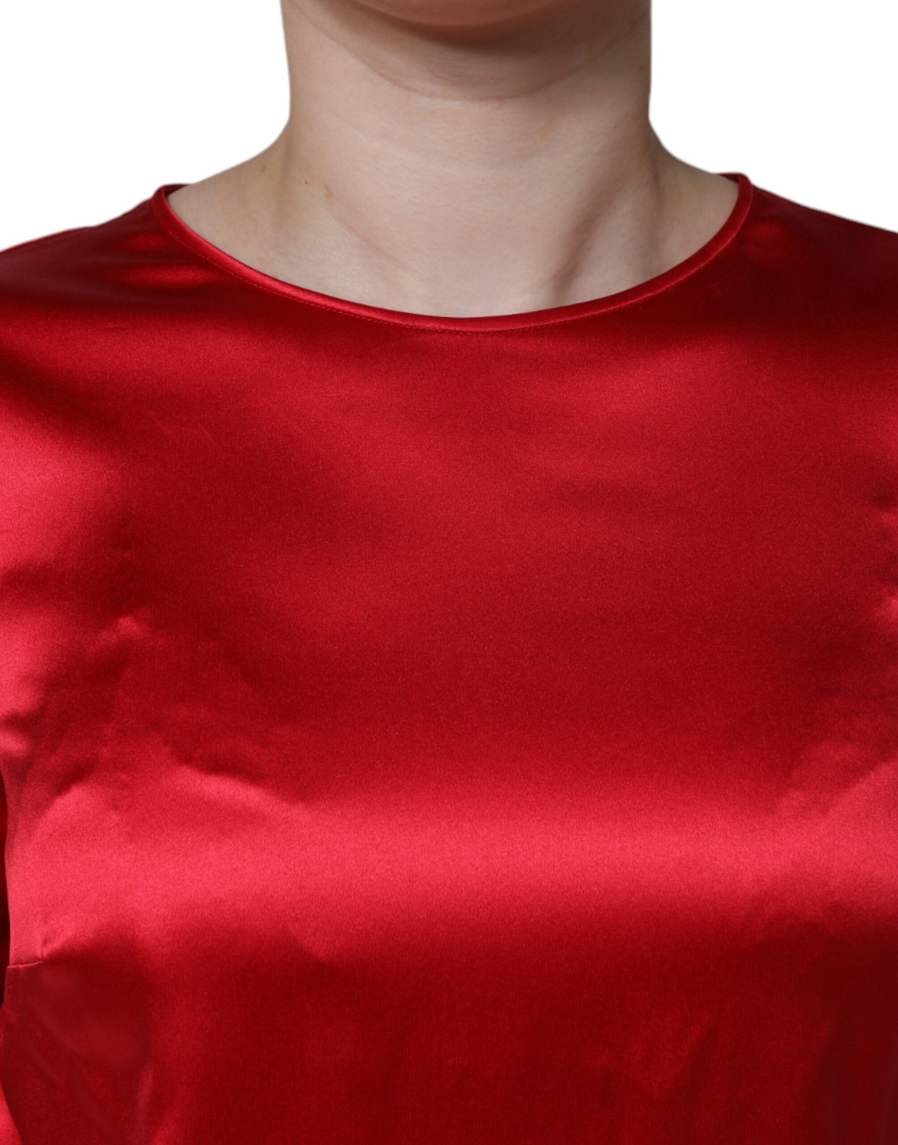 Dolce & Gabbana Red Satin Lace Trim Round Neck Blouse Top | Regal Royce