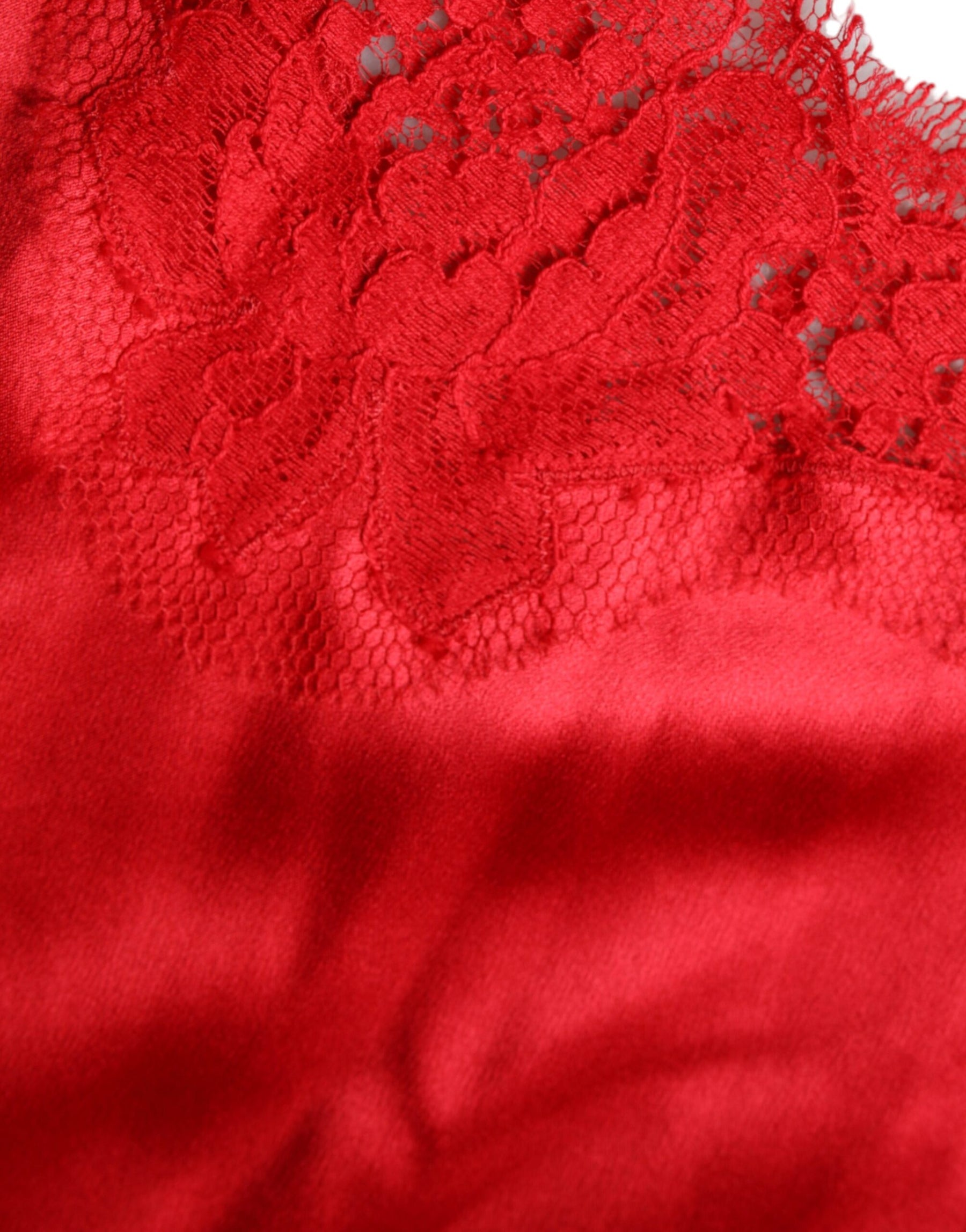 Dolce & Gabbana Red Satin Lace Trim Round Neck Blouse Top | Regal Royce
