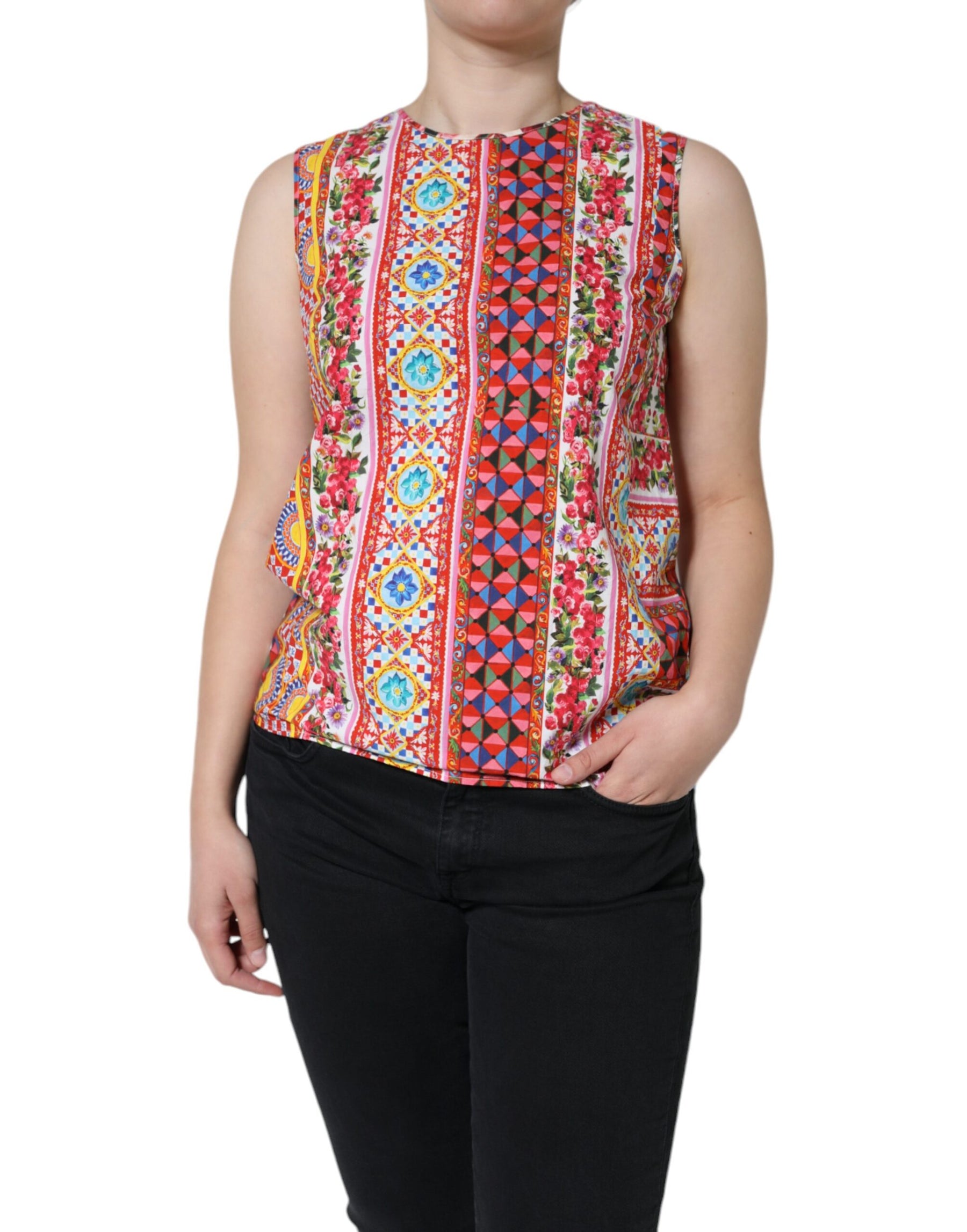 Dolce & Gabbana Multicolor Cotton Carretto Floral Tank Top | Regal Royce