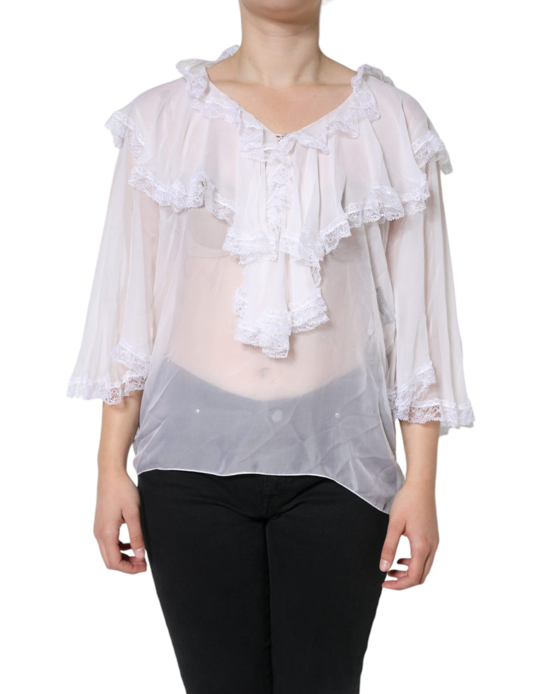 Dolce & Gabbana White Ruffles Lace Long Sleeve Blouse Top | Regal Royce