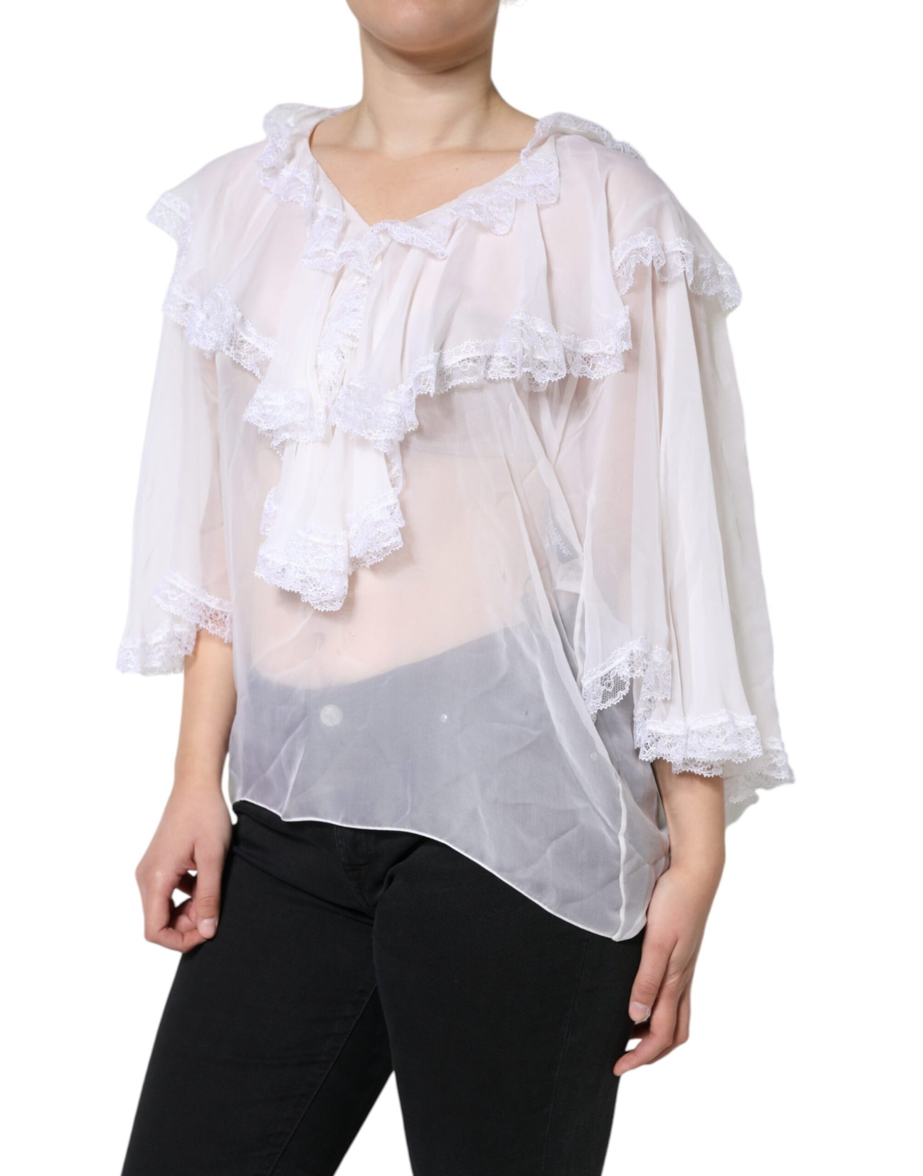 Dolce & Gabbana White Ruffles Lace Long Sleeve Blouse Top | Regal Royce