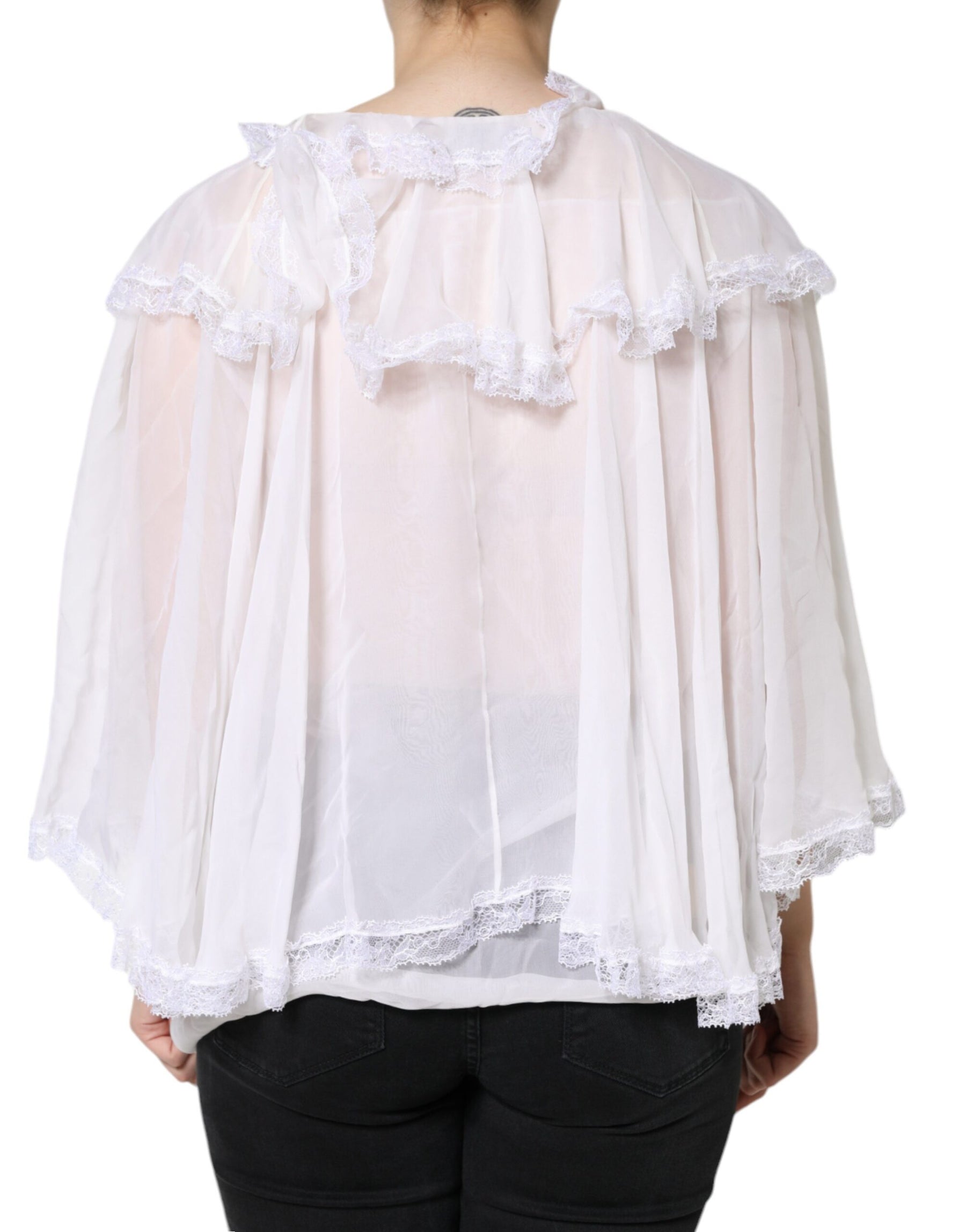 Dolce & Gabbana White Ruffles Lace Long Sleeve Blouse Top | Regal Royce