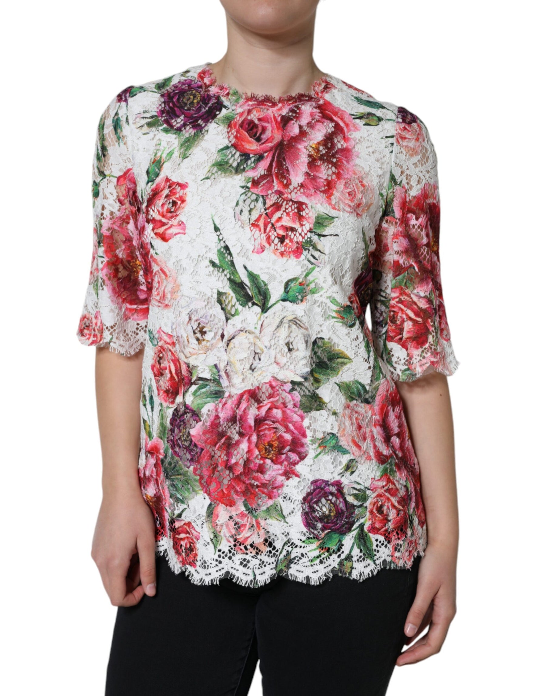 Dolce & Gabbana White Peony Lace Short Sleeves Blouse Top | Regal Royce