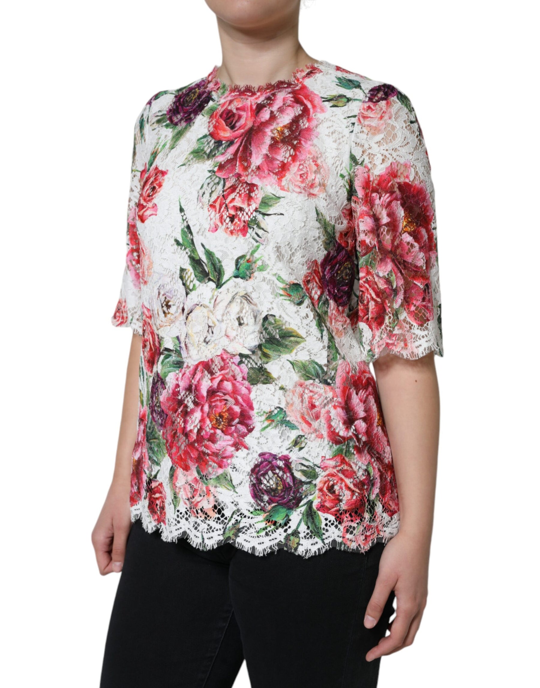Dolce & Gabbana White Peony Lace Short Sleeves Blouse Top | Regal Royce