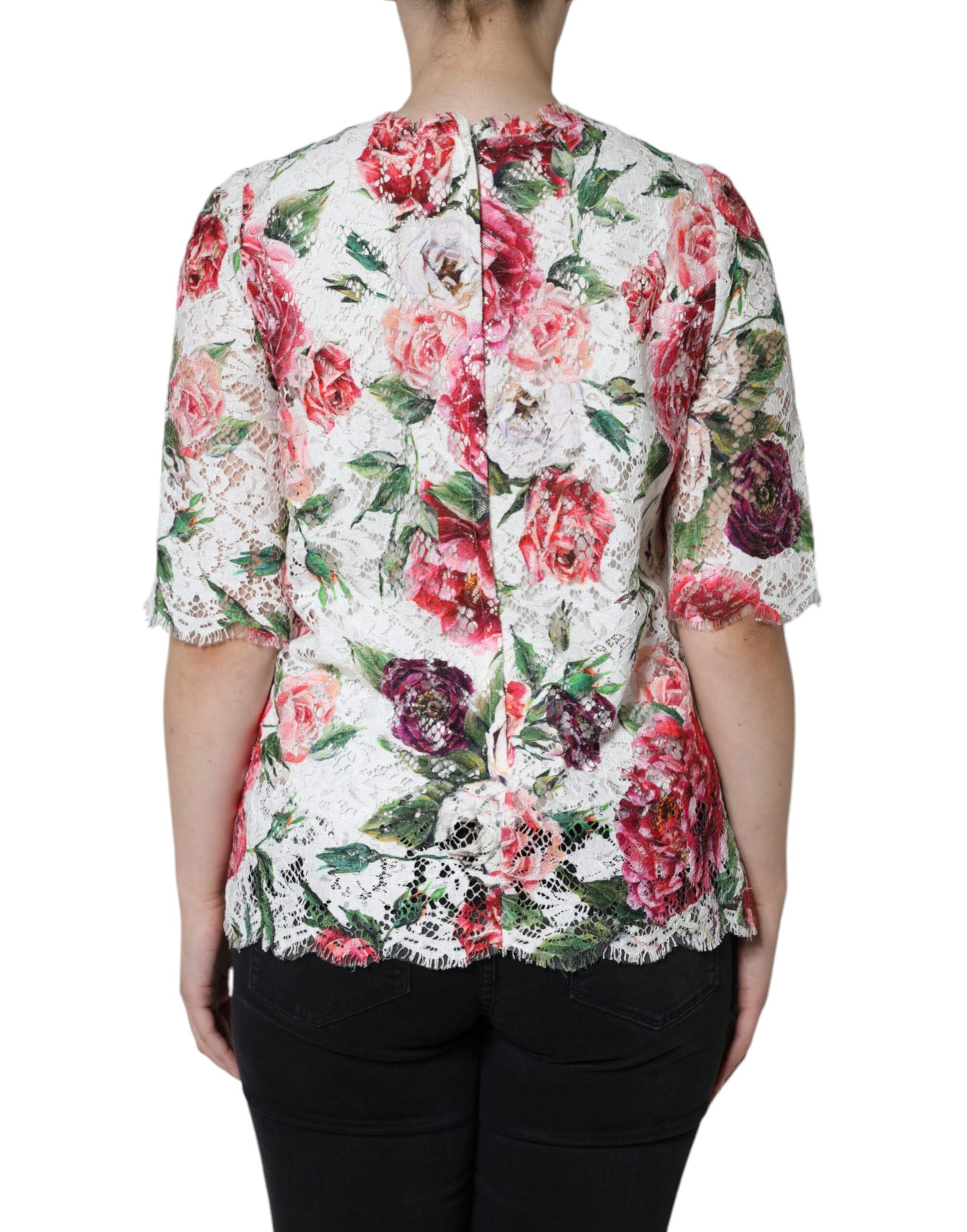 Dolce & Gabbana White Peony Lace Short Sleeves Blouse Top | Regal Royce