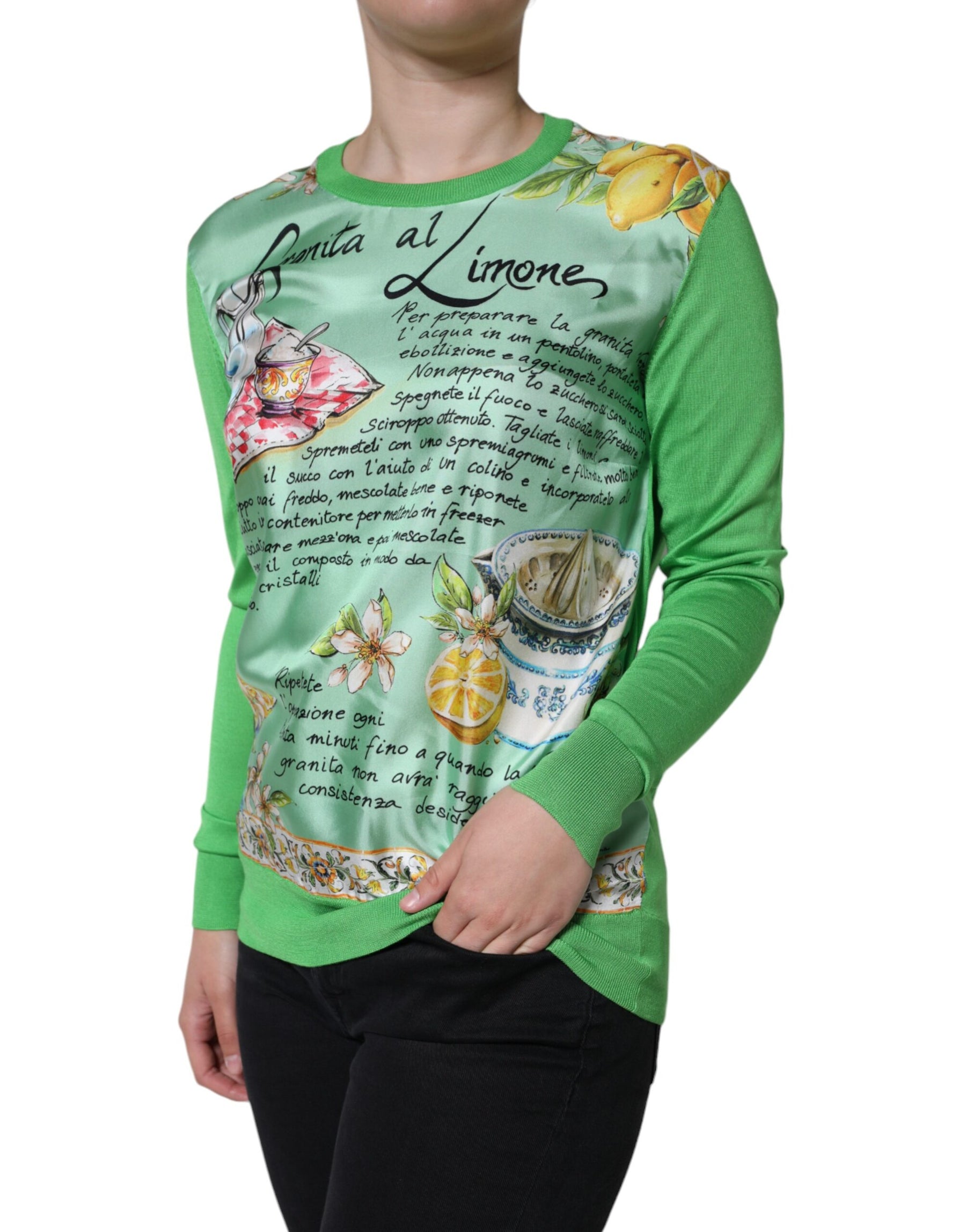 Dolce & Gabbana Green Silk Granita Al Limone Long Sleeves Sweater | Regal Royce