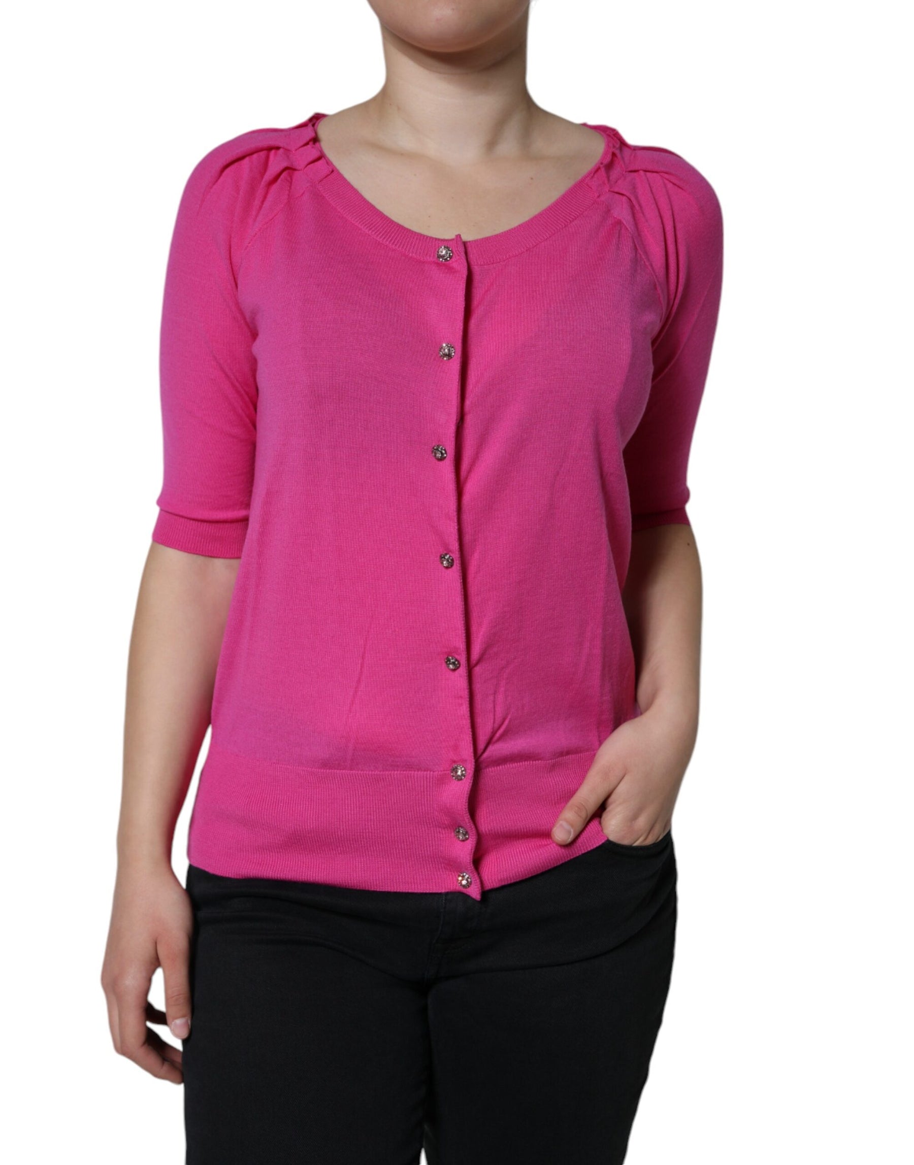 Dolce & Gabbana Pink Wool Button Down Short Sleeve Blouse Top | Regal Royce