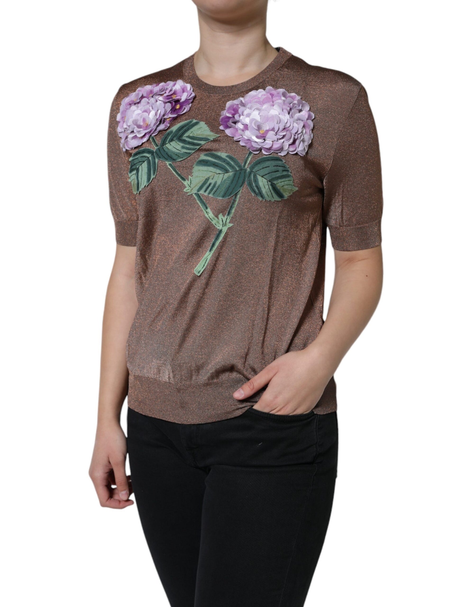 Dolce & Gabbana Brown Floral Applique Viscose Short Sleeve Top | Regal Royce