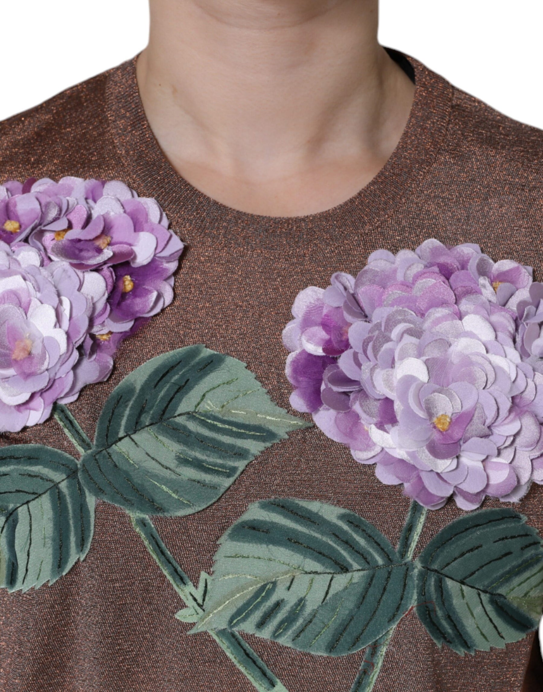 Dolce & Gabbana Brown Floral Applique Viscose Short Sleeve Top | Regal Royce