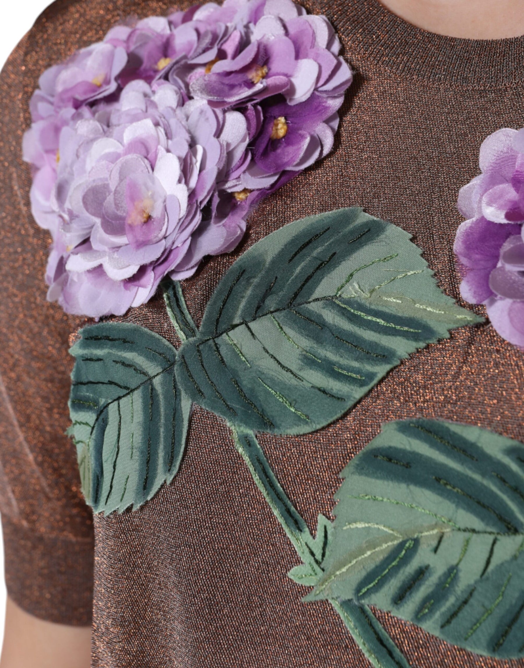 Dolce & Gabbana Brown Floral Applique Viscose Short Sleeve Top | Regal Royce