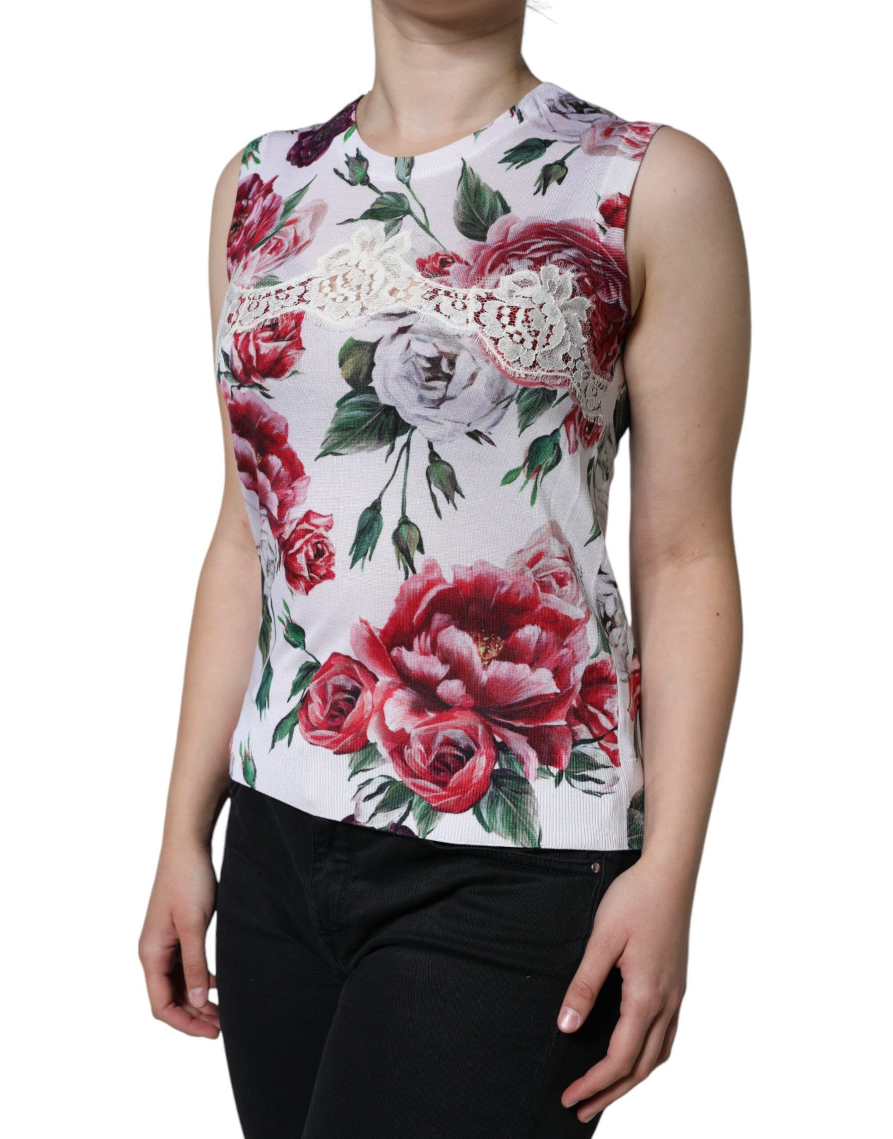 Dolce & Gabbana White Floral Lace Silk Sleeveless Tank Top | Regal Royce