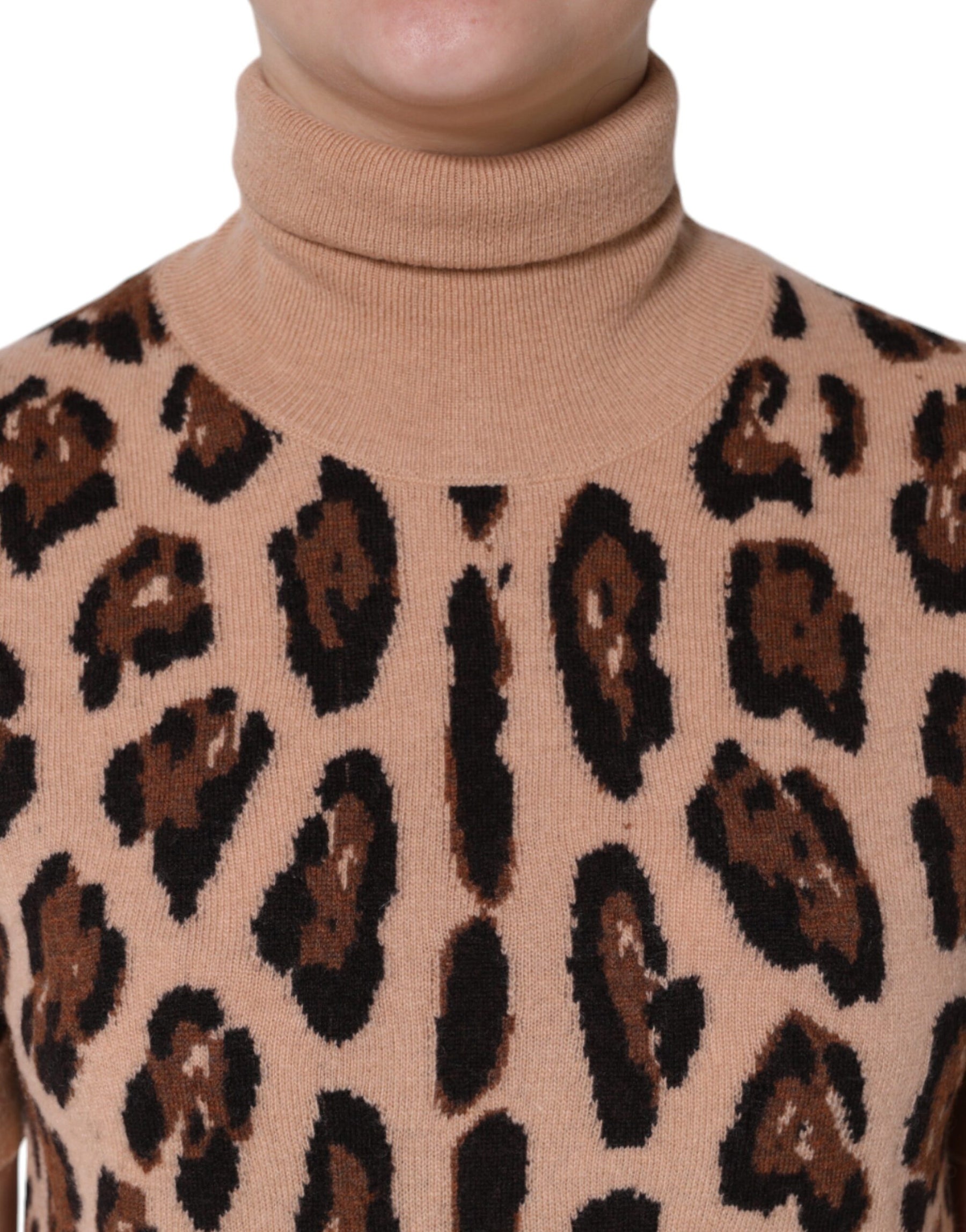 Dolce & Gabbana Beige Leopard Print Wool Turtleneck Top | Regal Royce