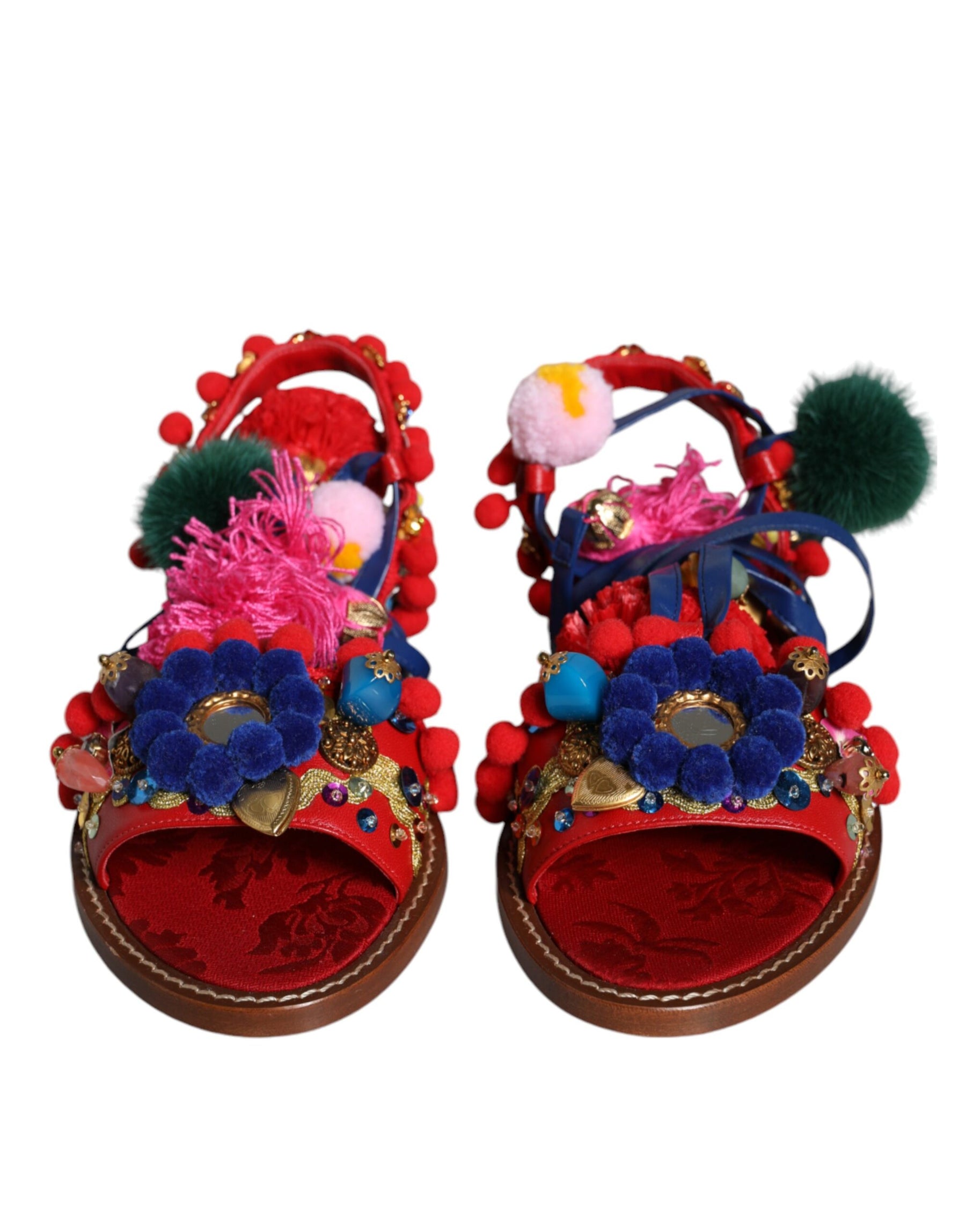 Dolce & Gabbana Multicolor Pom Pom Fur Wrap Sandals Shoes | Regal Royce
