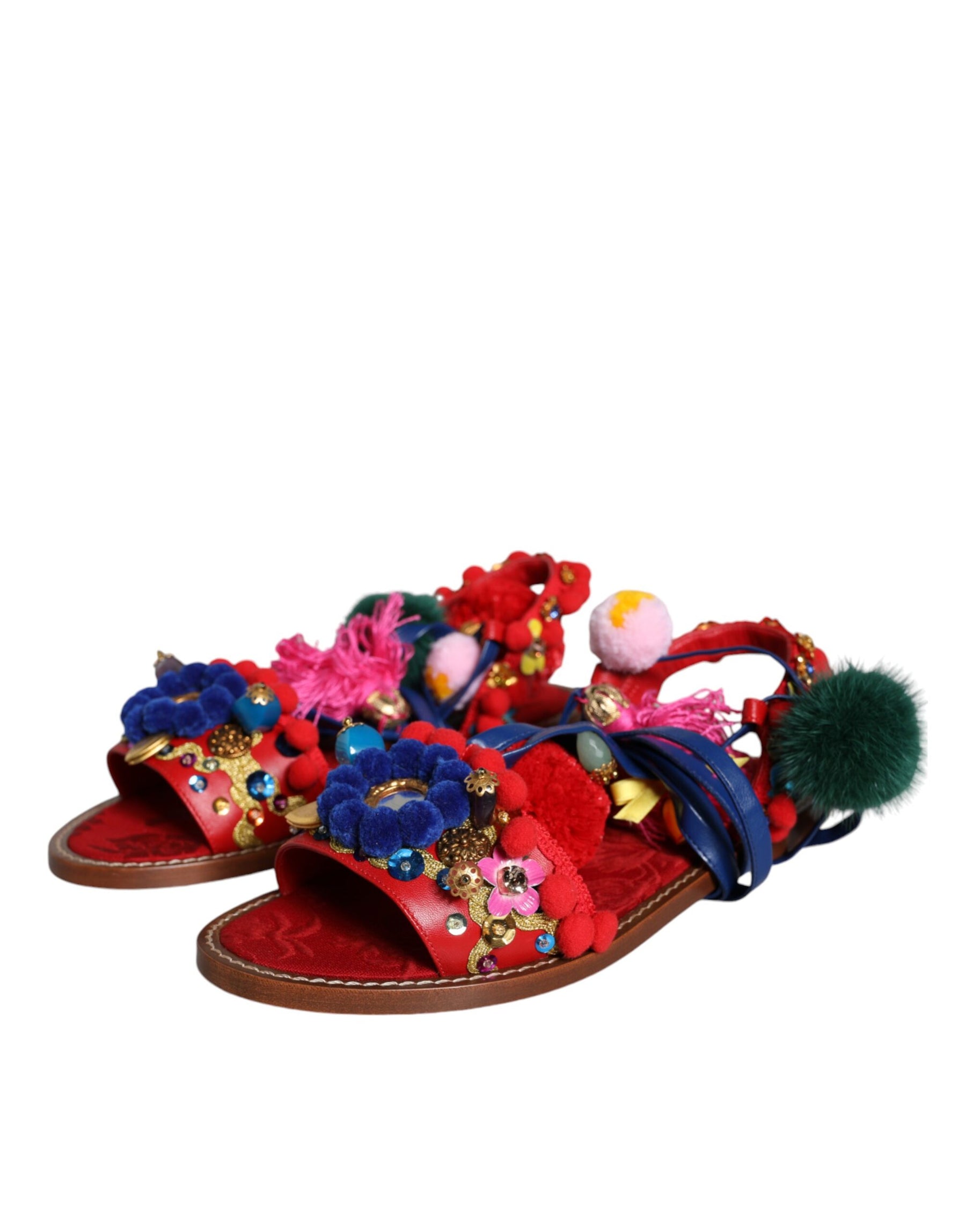 Dolce & Gabbana Multicolor Pom Pom Fur Wrap Sandals Shoes | Regal Royce