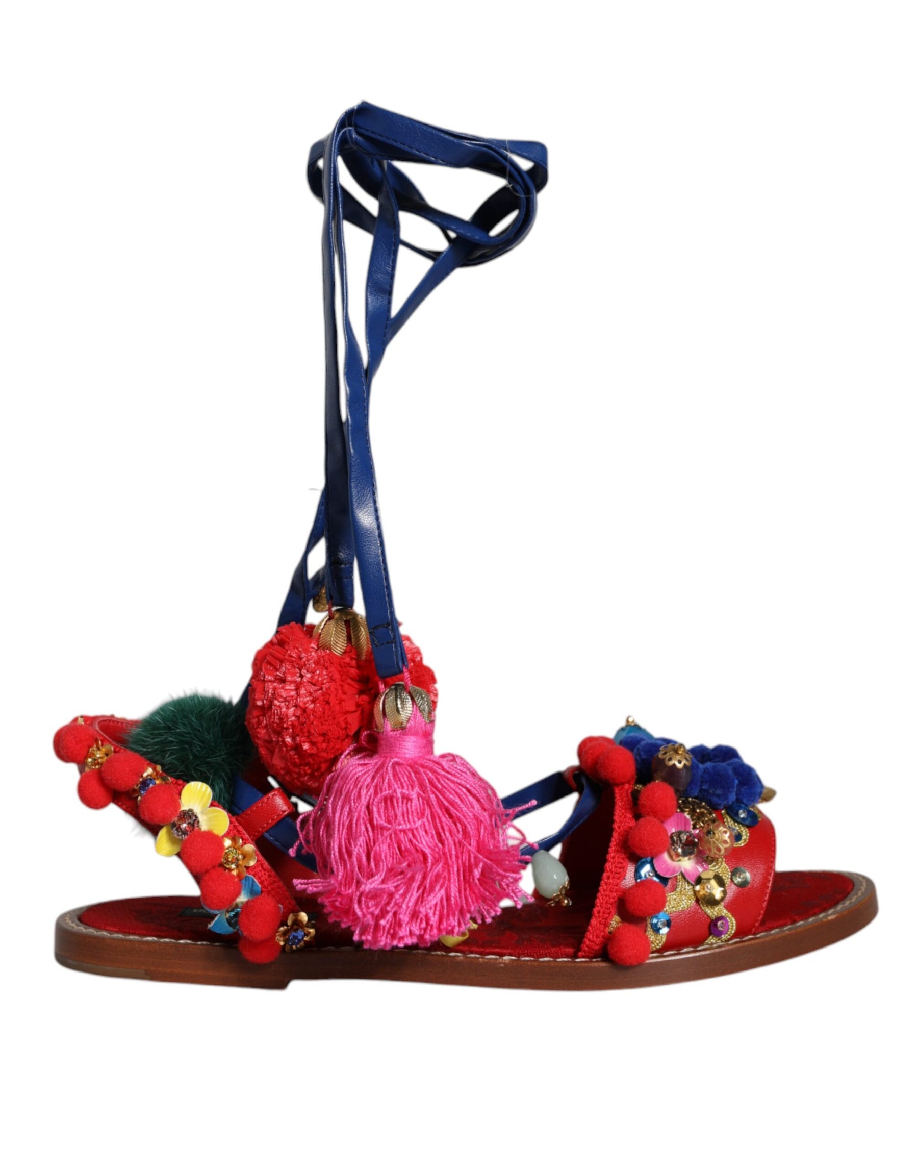 Dolce & Gabbana Multicolor Pom Pom Fur Wrap Sandals Shoes | Regal Royce