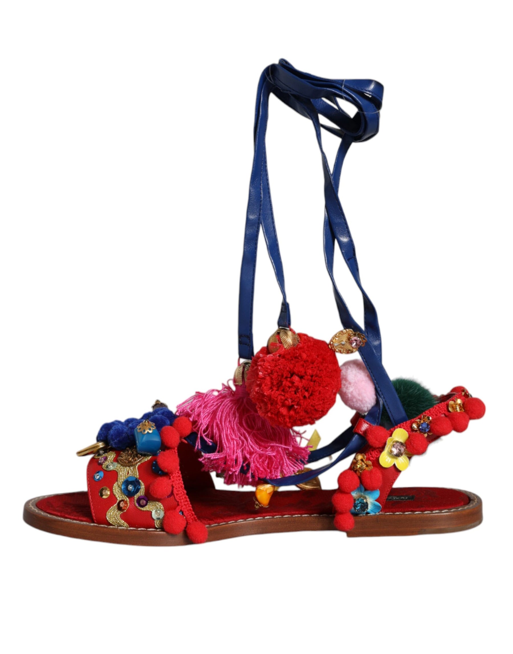 Dolce & Gabbana Multicolor Pom Pom Fur Wrap Sandals Shoes | Regal Royce