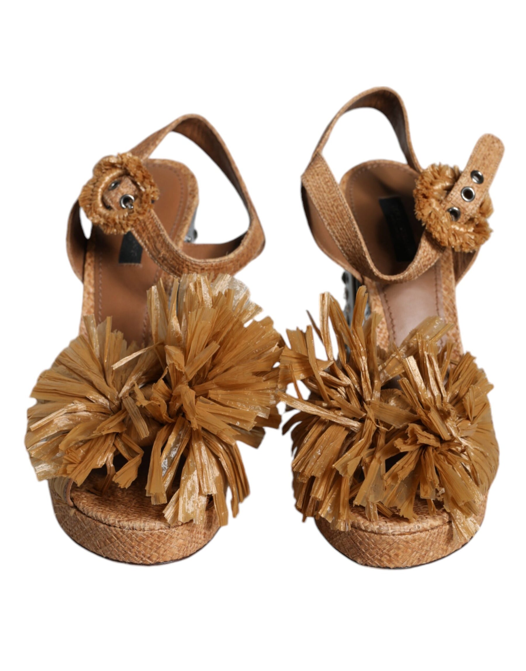 Dolce & Gabbana Brown Raffia Ankle Strap Crystal Sandals Shoes | Regal Royce