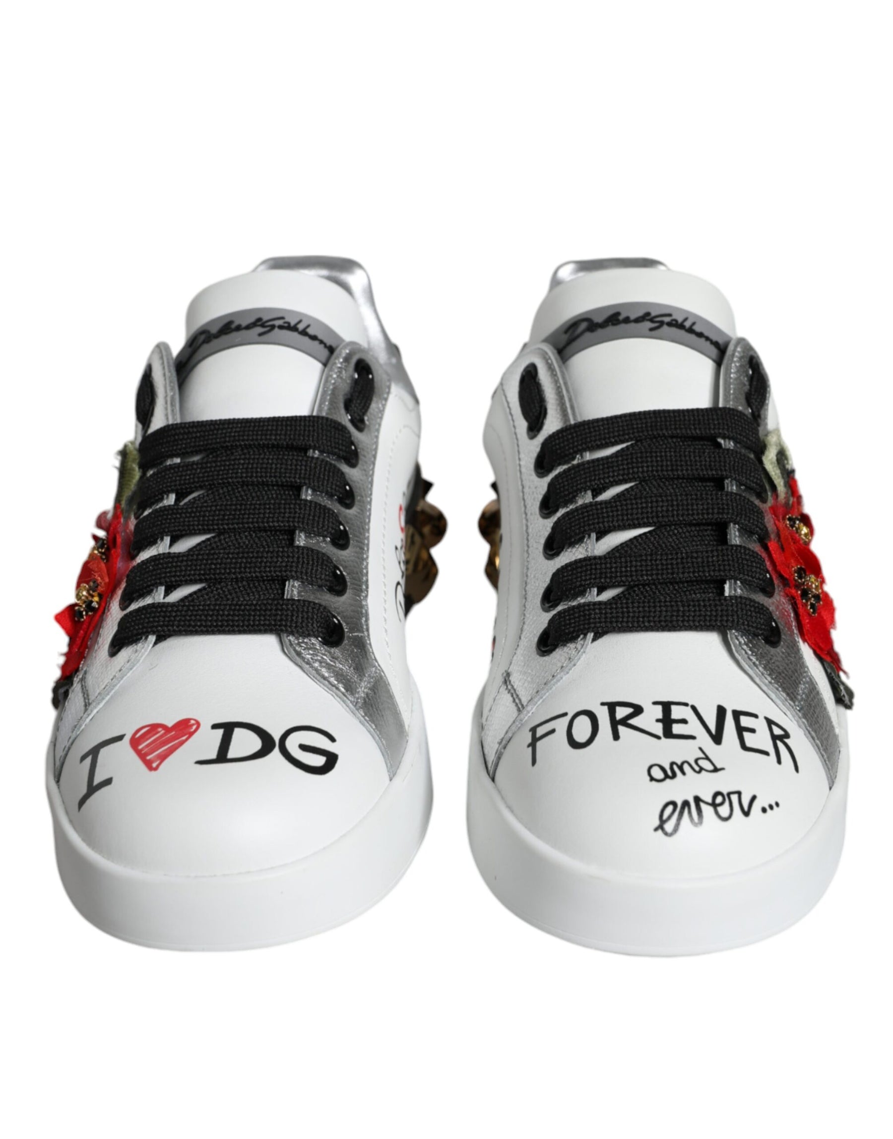 Dolce & Gabbana White Leather Floral Studded Sneakers Shoes | Regal Royce