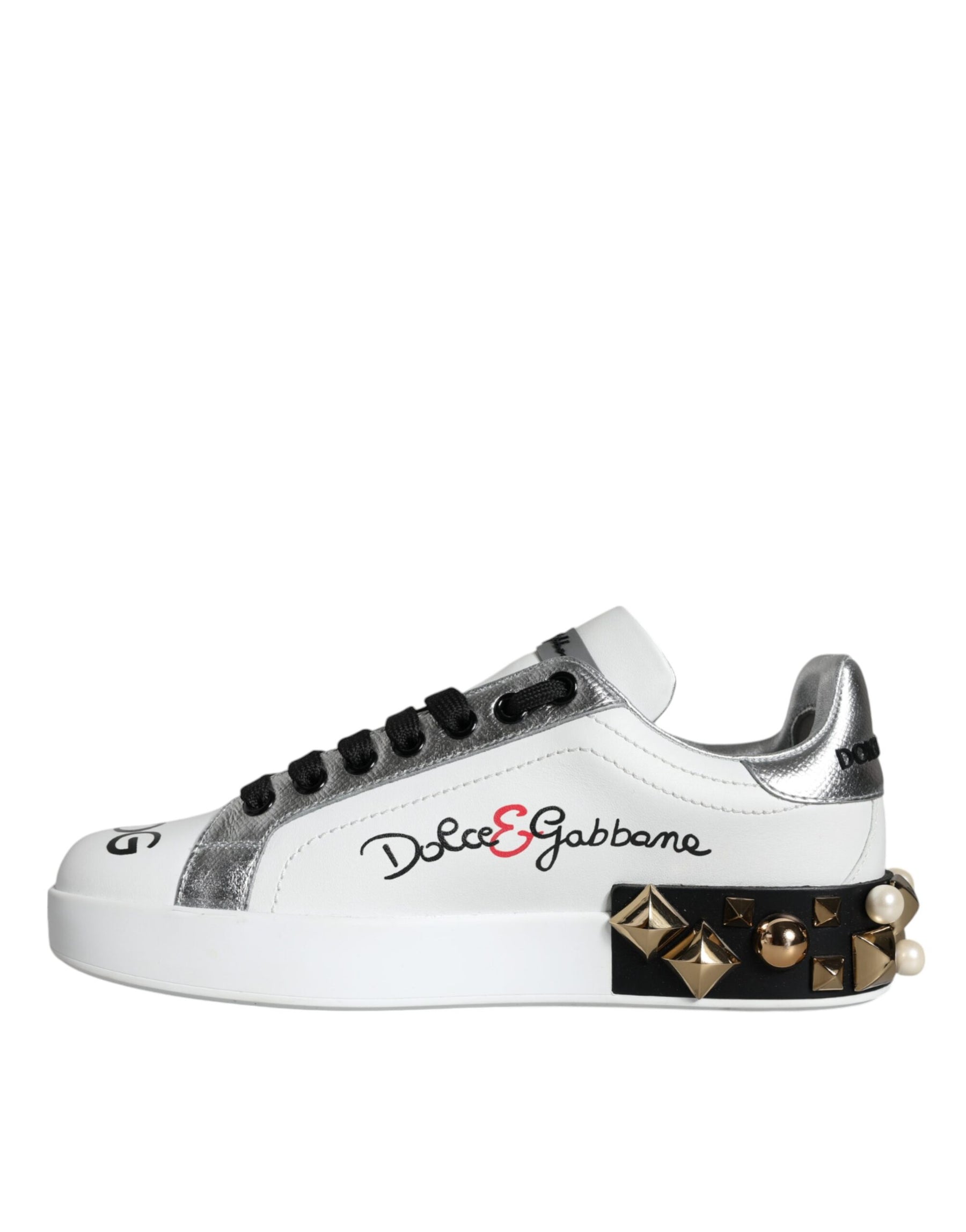 Dolce & Gabbana White Leather Floral Studded Sneakers Shoes | Regal Royce