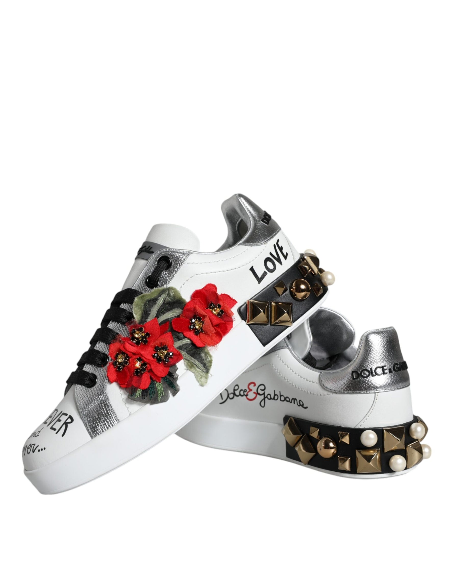 Dolce & Gabbana White Leather Floral Studded Sneakers Shoes | Regal Royce