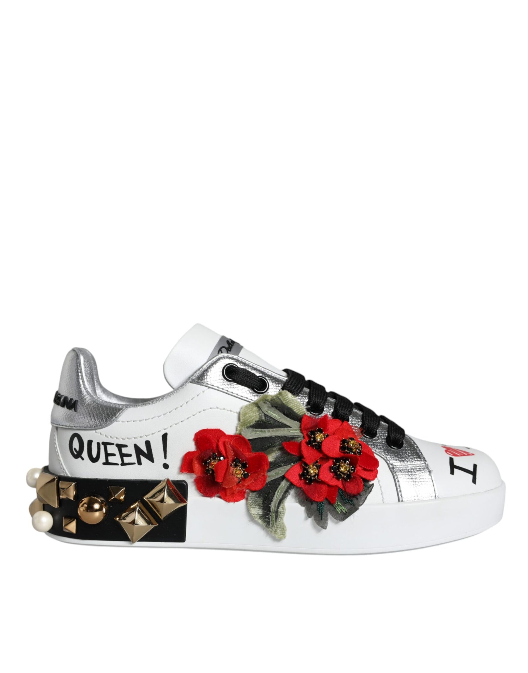 Dolce & Gabbana White Leather Floral Studded Sneakers Shoes | Regal Royce