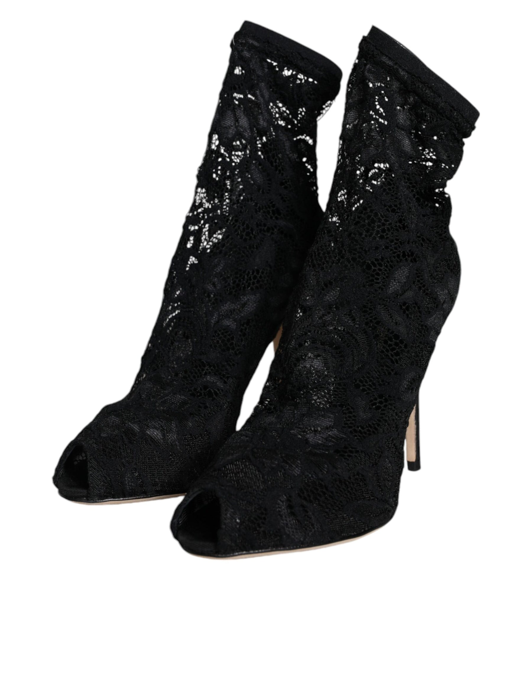 Dolce & Gabbana Black Lace Stretch Heels Mid Calf Boot Shoes | Regal Royce