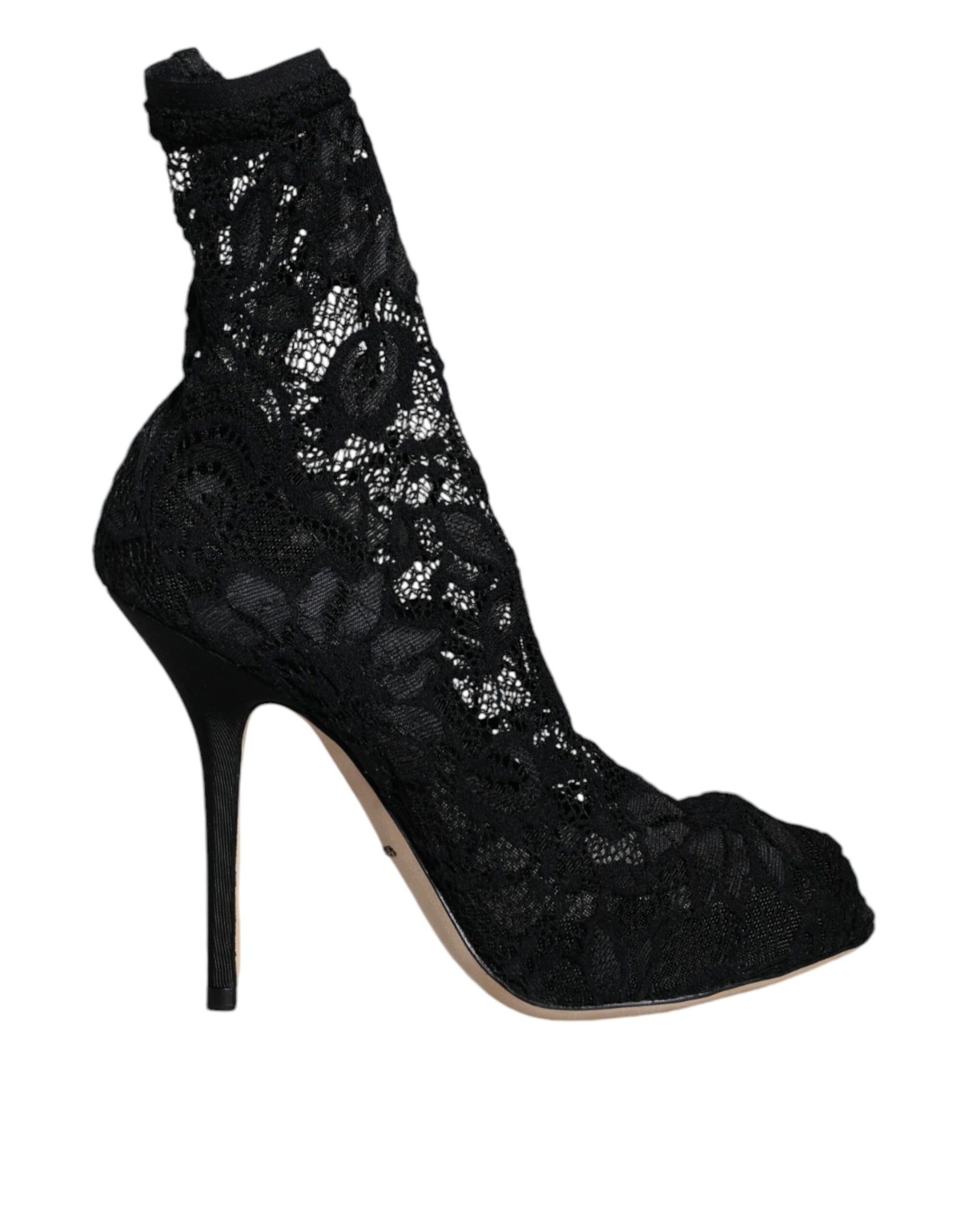 Dolce & Gabbana Black Lace Stretch Heels Mid Calf Boot Shoes | Regal Royce