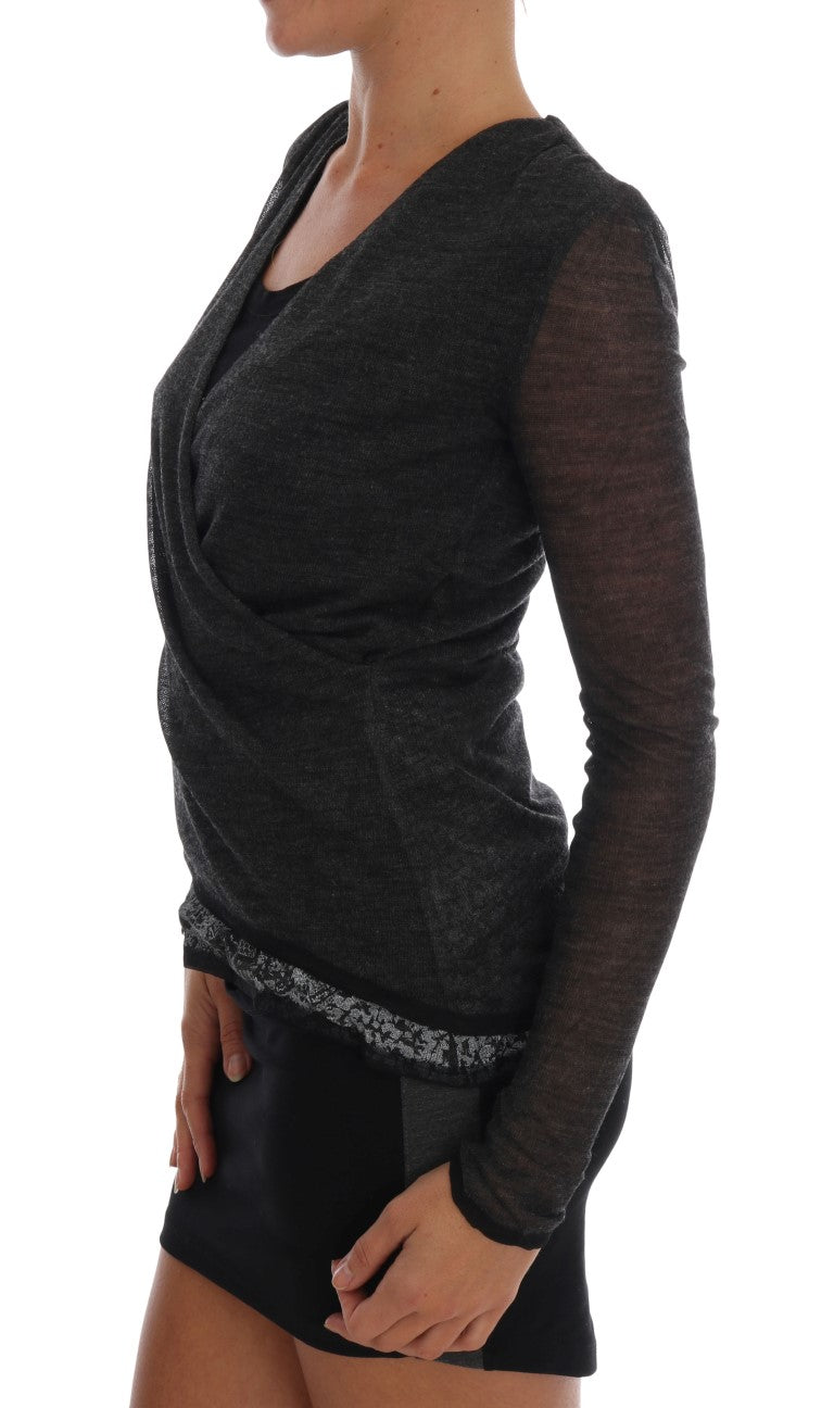 Ermanno Scervino Gray Wool Lace Top Long Sleeved T-shirt | Regal Royce