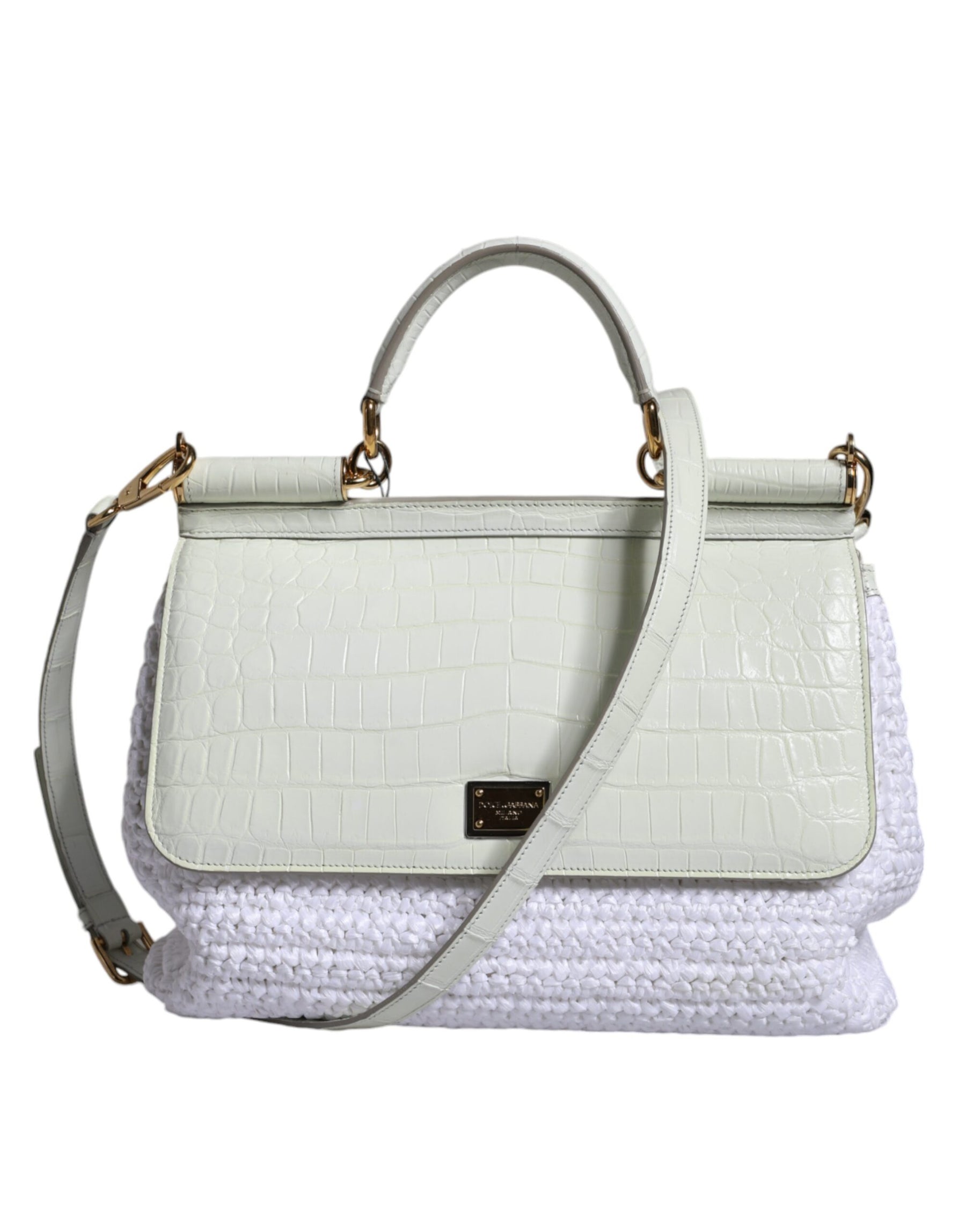 Dolce & Gabbana White Rafia Leather Top Handle Crossbody Bag | Regal Royce