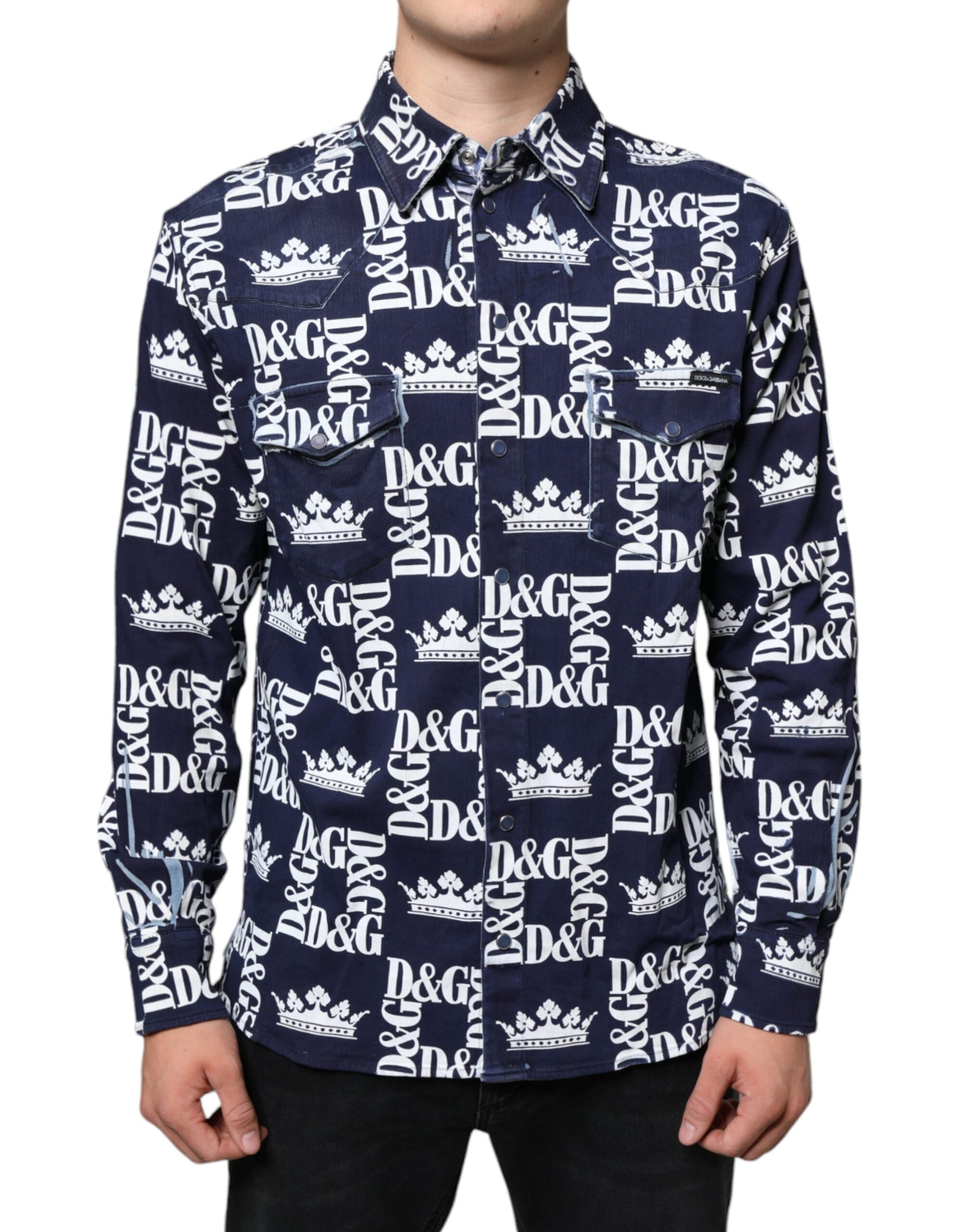 Dolce & Gabbana Blue Crown Logo Print Slim Fit Cotton Shirt | Regal Royce
