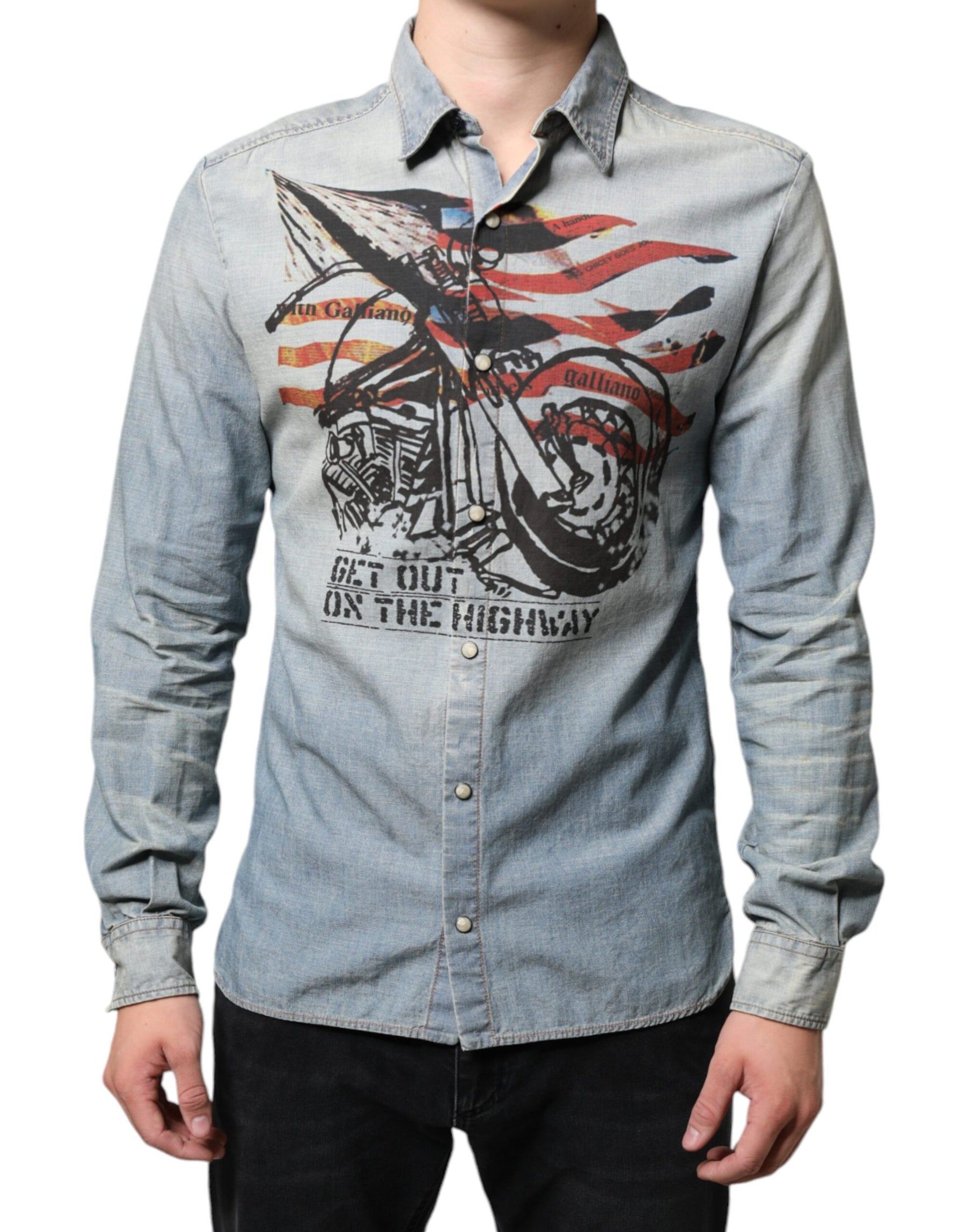 John Galliano Light Blue Printed Cotton Denim Long Sleeves Shirt | Regal Royce