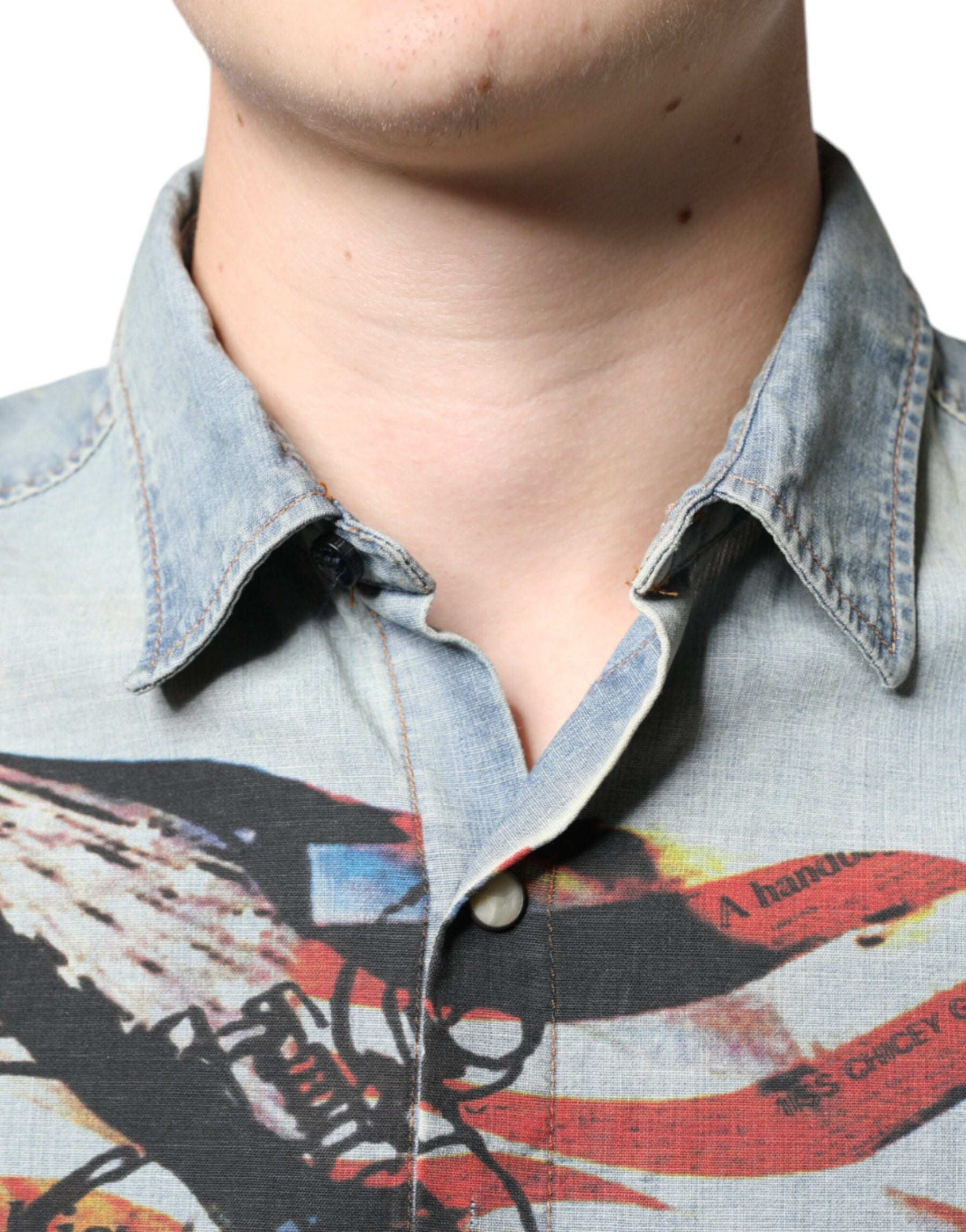 John Galliano Light Blue Printed Cotton Denim Long Sleeves Shirt | Regal Royce