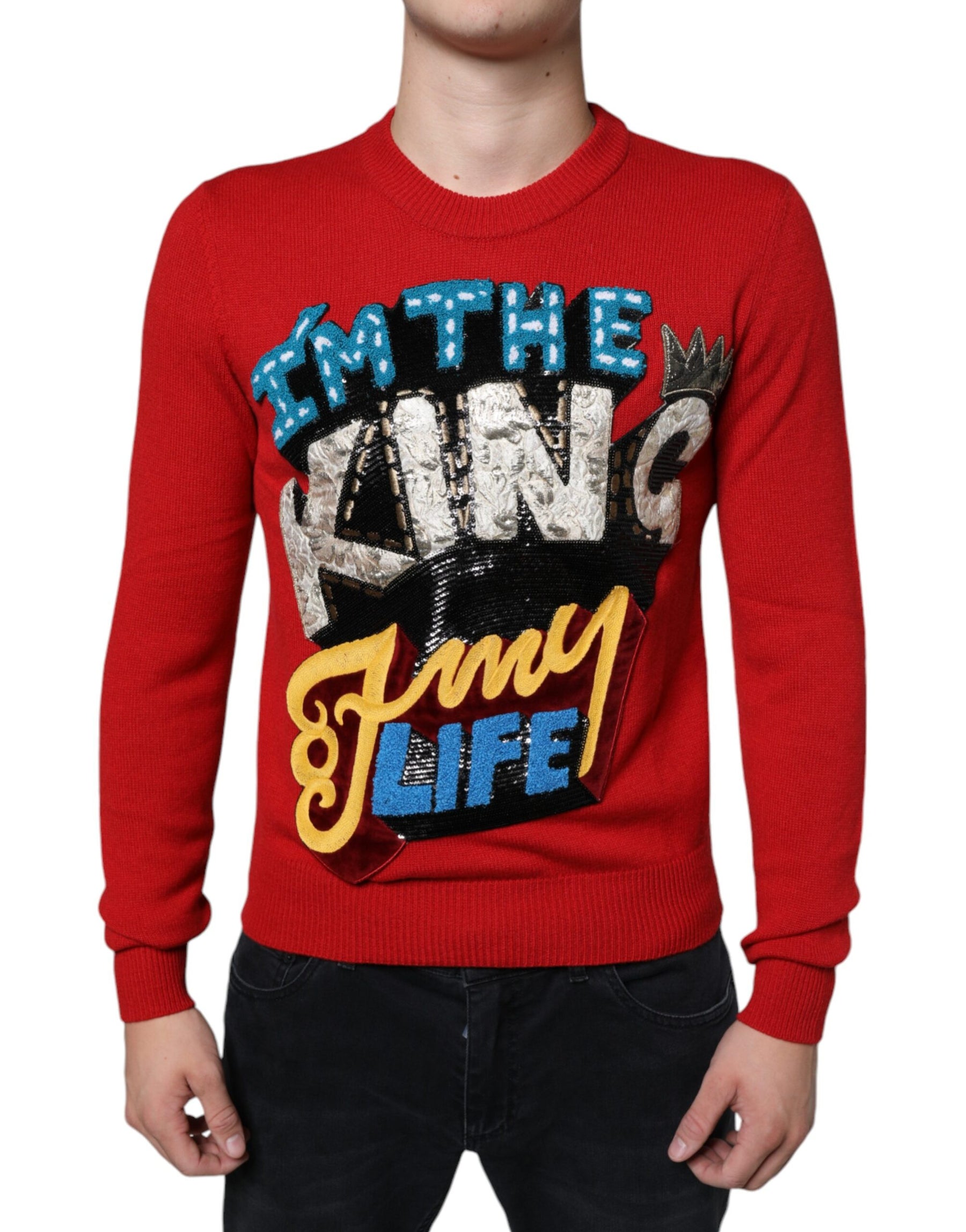 Dolce & Gabbana Red I'm The King Wool Crew Neck Sweatshirt Sweater | Regal Royce