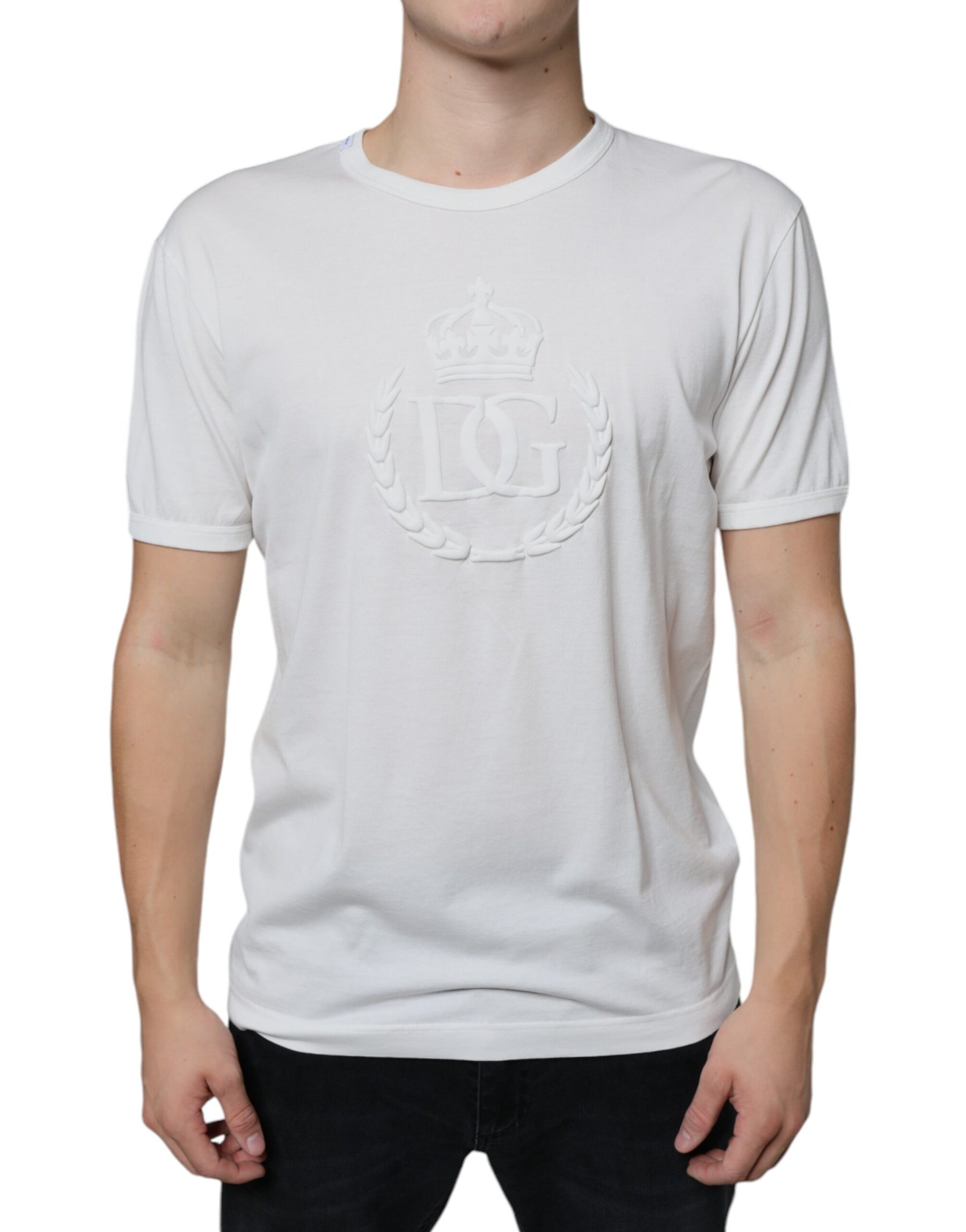 Dolce & Gabbana White Logo Embossed Cotton Crewneck T-shirt | Regal Royce