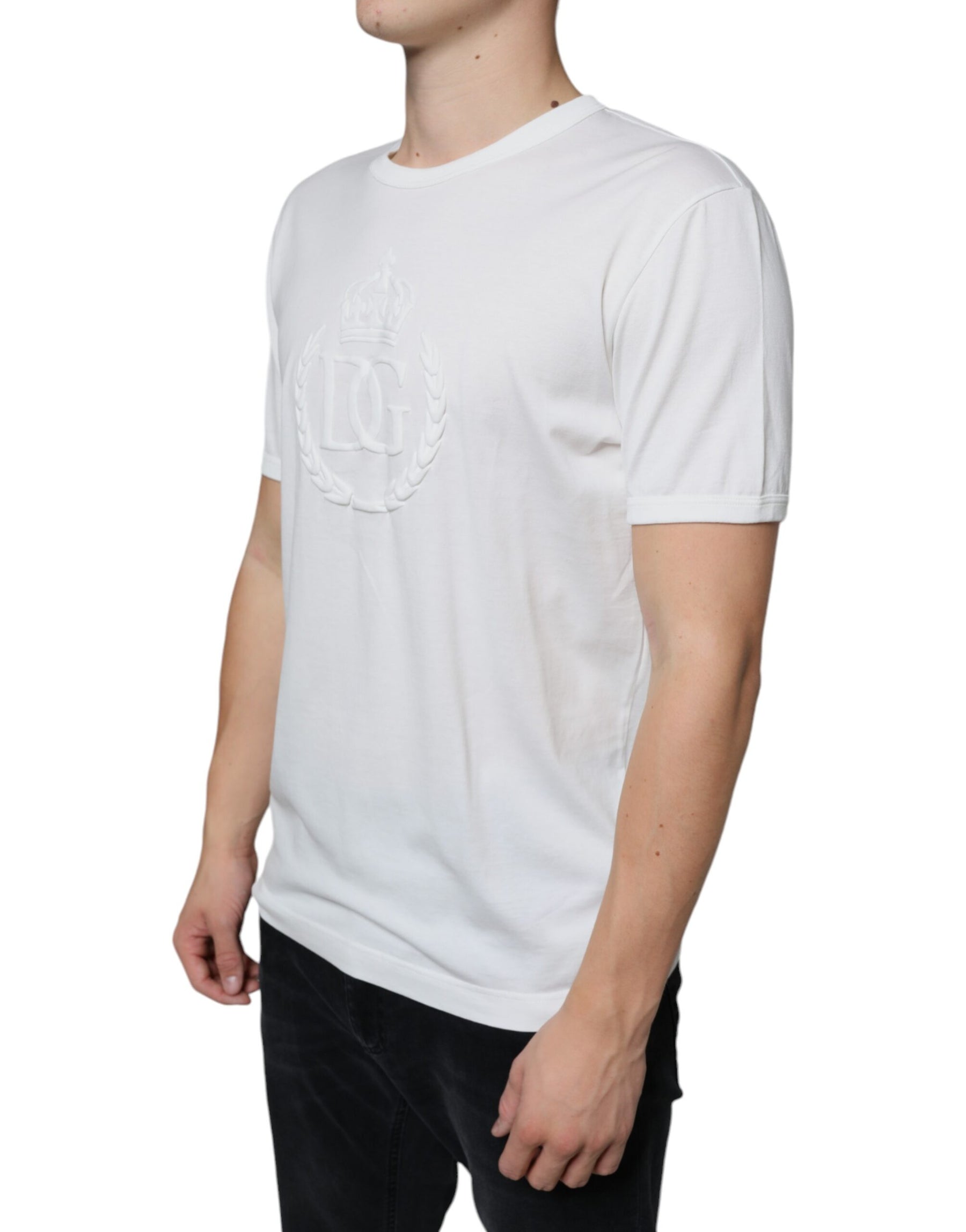Dolce & Gabbana White Logo Embossed Cotton Crewneck T-shirt | Regal Royce