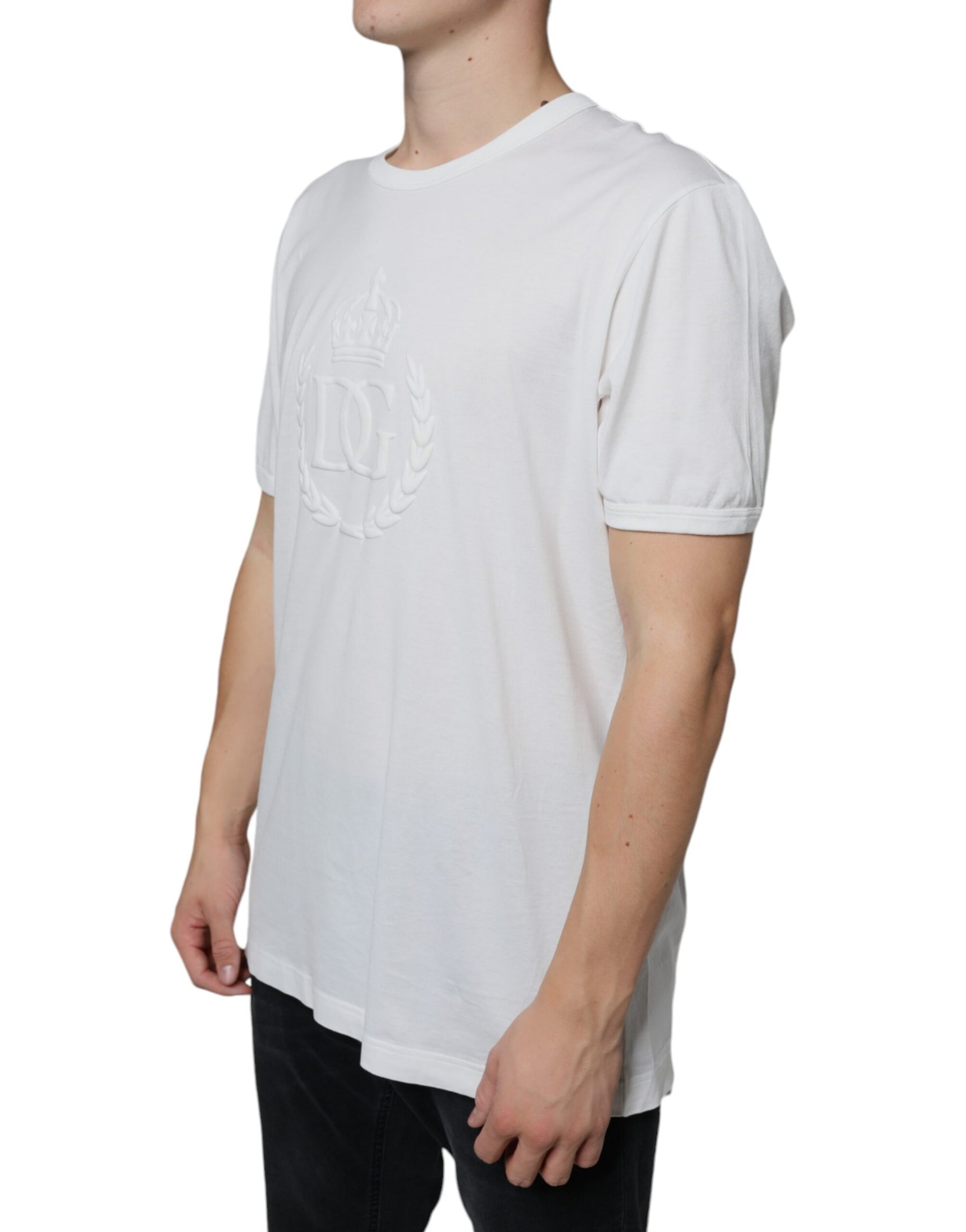 Dolce & Gabbana White Logo Embossed Cotton Crewneck T-shirt | Regal Royce
