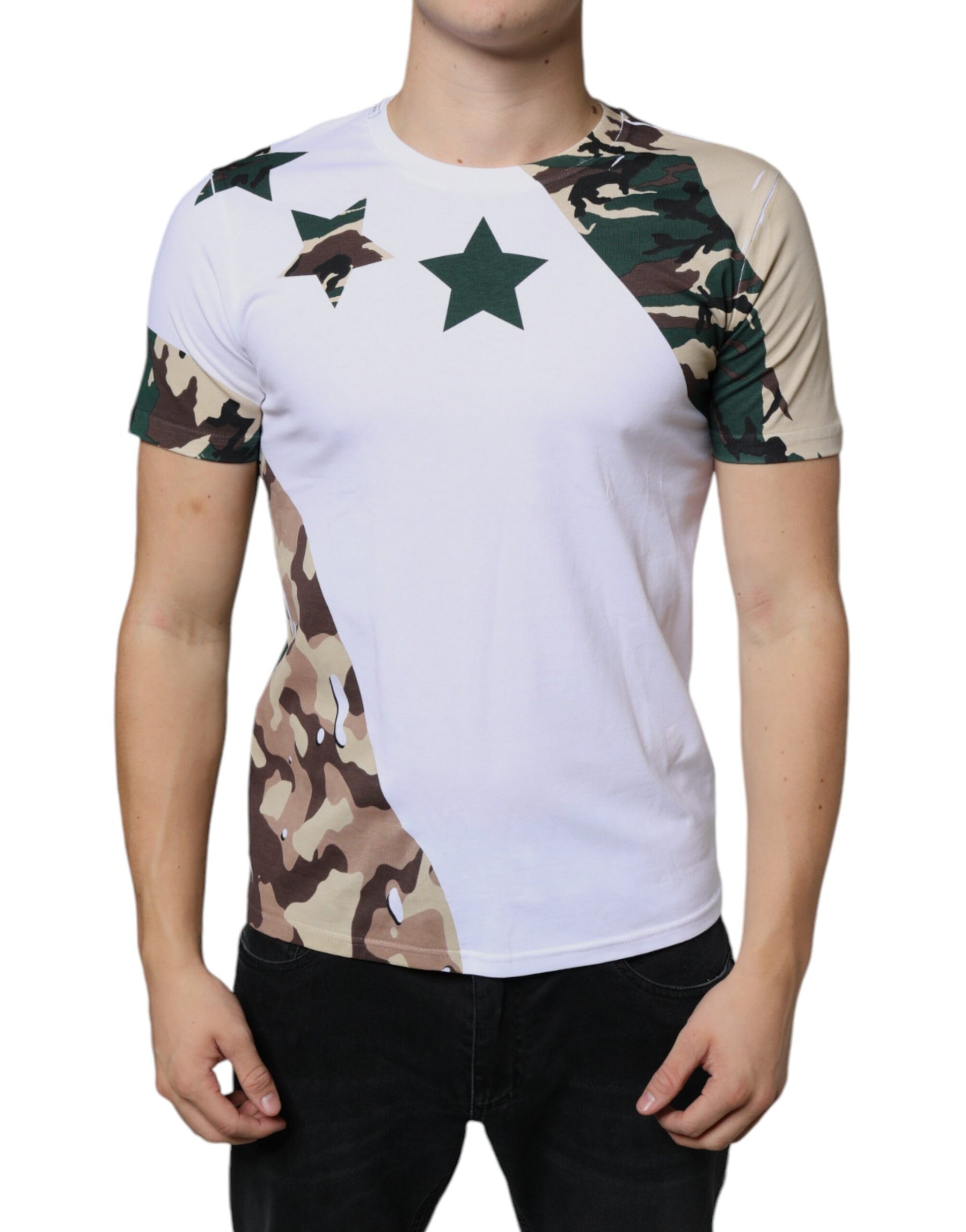 Dolce & Gabbana White Camouflage Stars Crew Neck T-shirt | Regal Royce