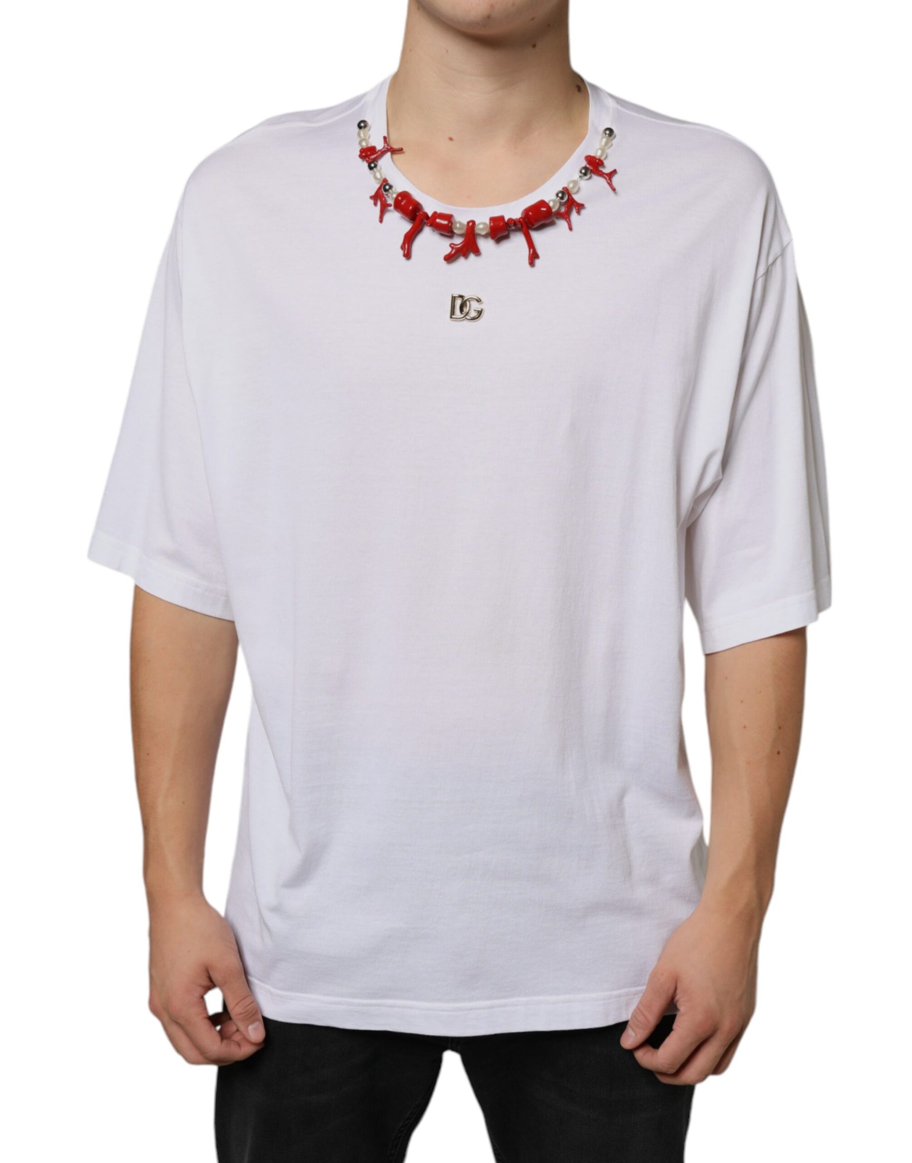 Dolce & Gabbana White Cotton Necklace Embellished T-shirt | Regal Royce
