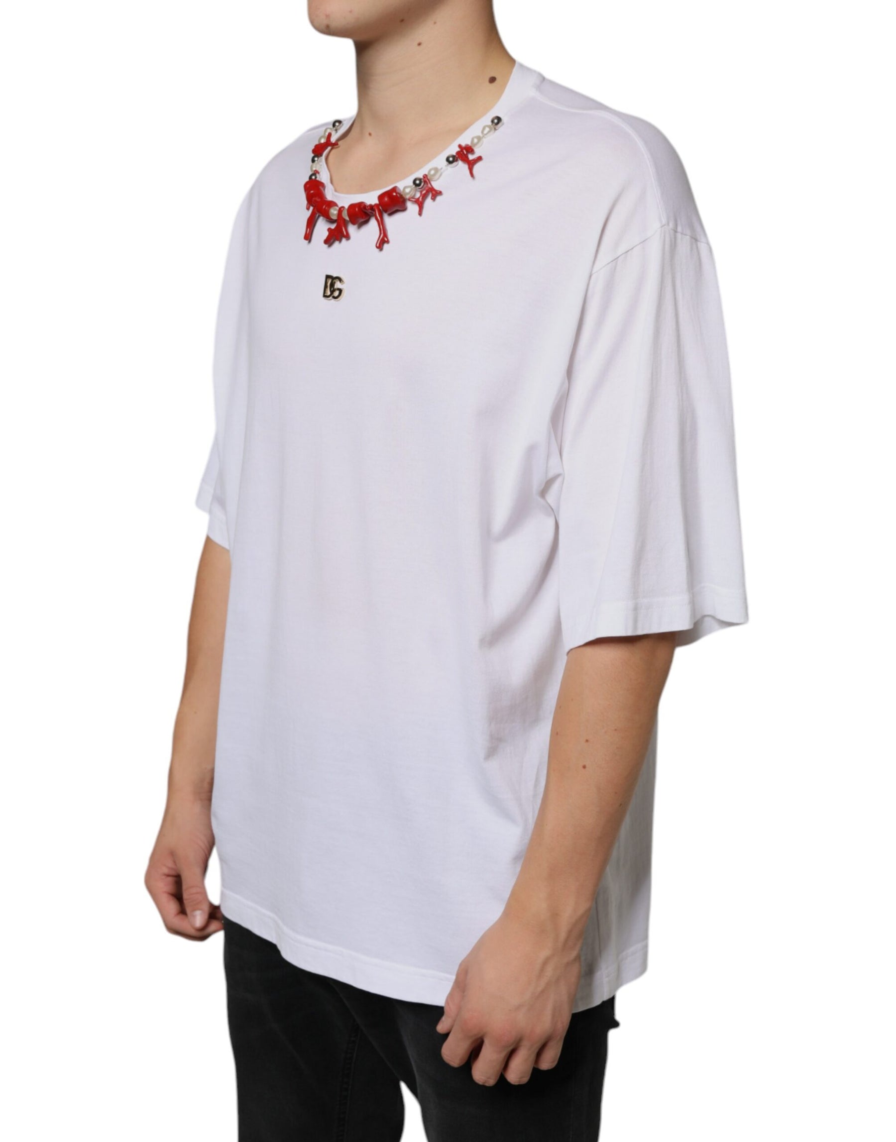 Dolce & Gabbana White Cotton Necklace Embellished T-shirt | Regal Royce