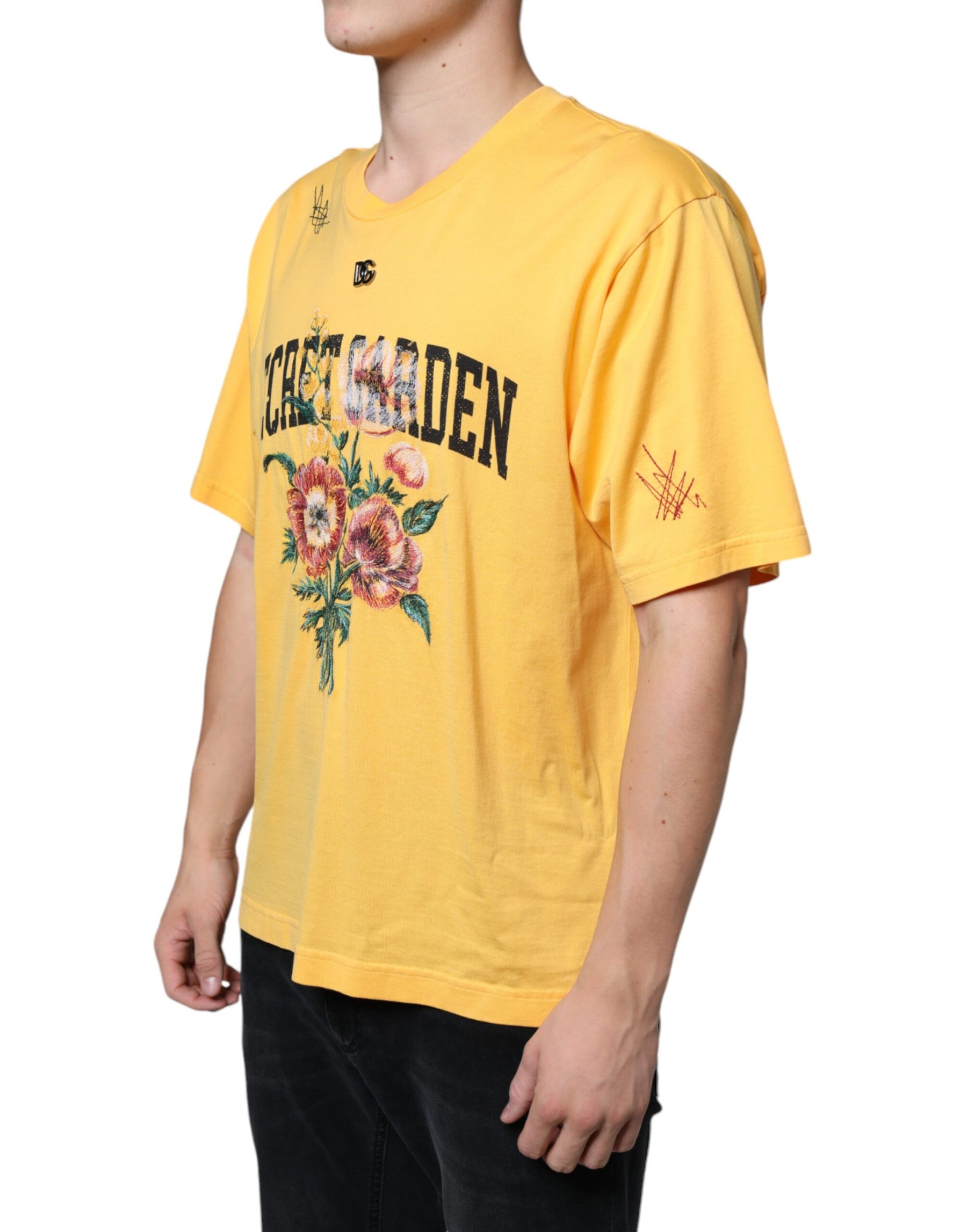 Dolce & Gabbana Yellow Secret Graden Floral Cotton Crew Neck T-shirt | Regal Royce