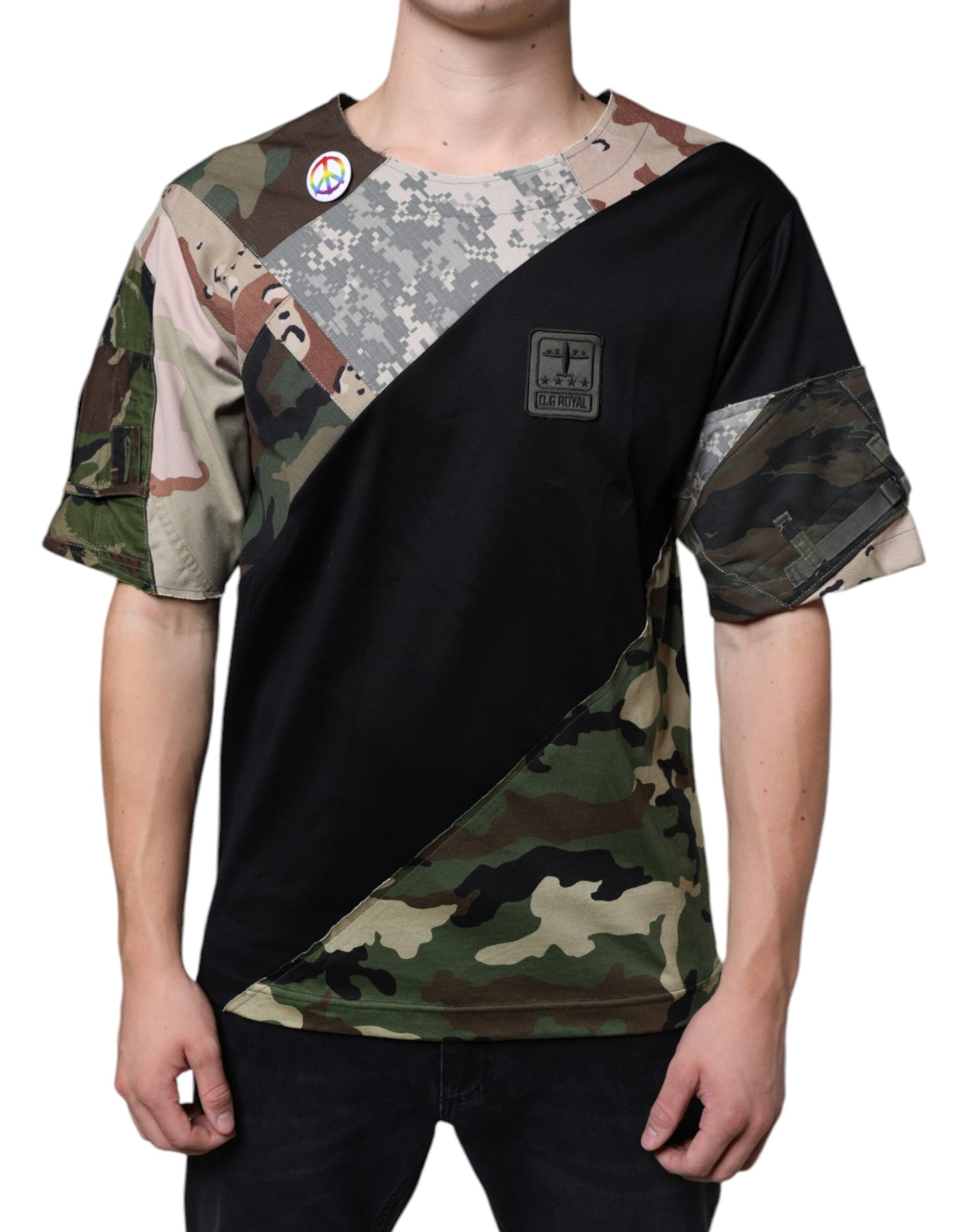 Dolce & Gabbana Multicolor Camouflage Patchwork DG Royal T-shirt | Regal Royce