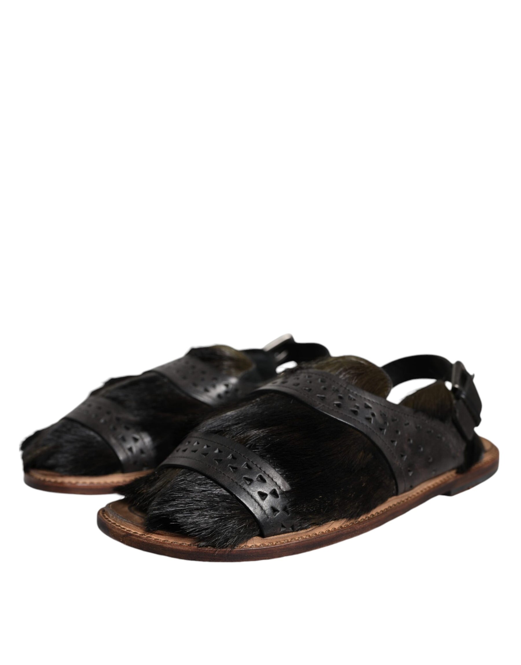 Dolce & Gabbana Black Gazelle Hair Leather Flats Sandals Shoes | Regal Royce
