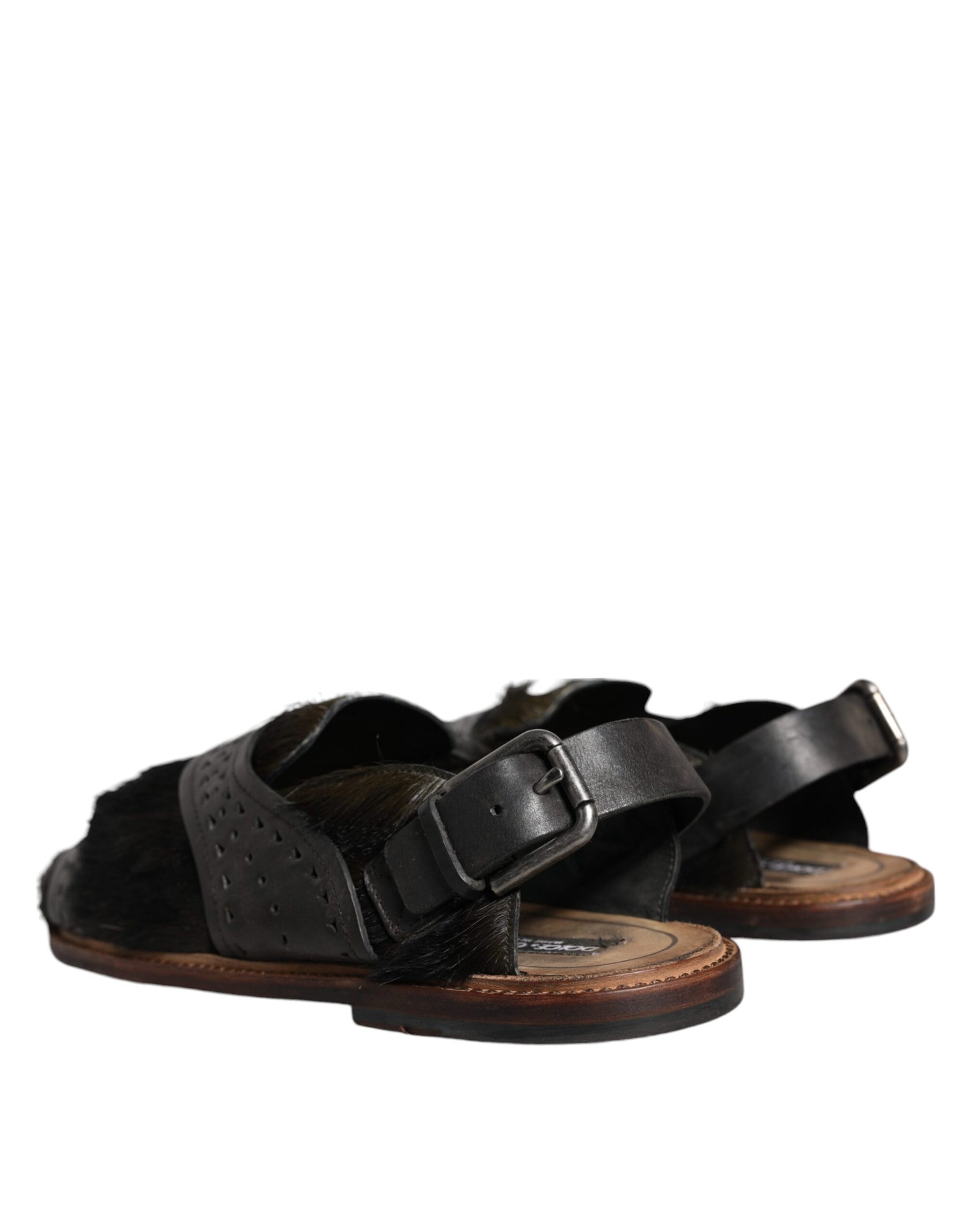 Dolce & Gabbana Black Gazelle Hair Leather Flats Sandals Shoes | Regal Royce