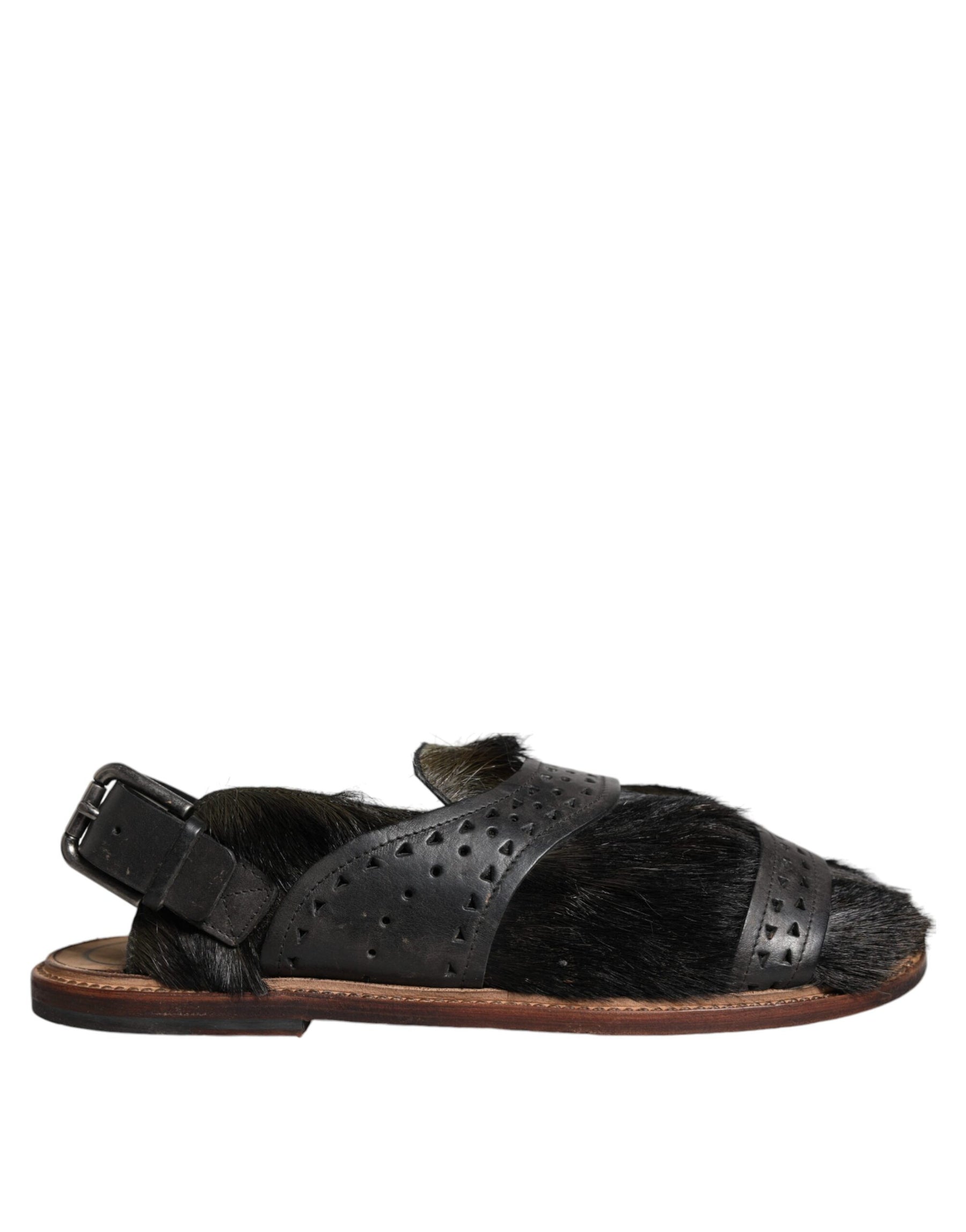Dolce & Gabbana Black Gazelle Hair Leather Flats Sandals Shoes | Regal Royce