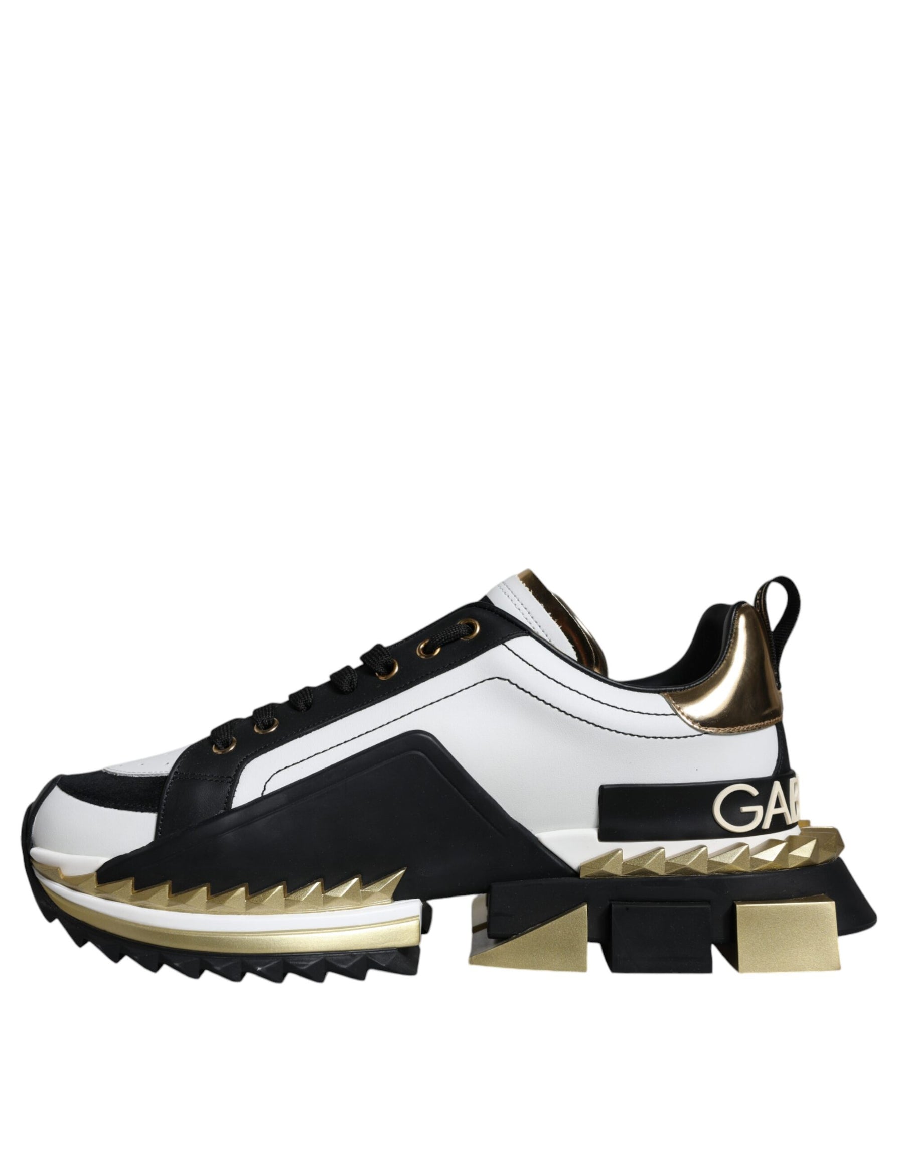 Dolce & Gabbana White Gold Black Leather SUPER KING Sneakers Shoes | Regal Royce