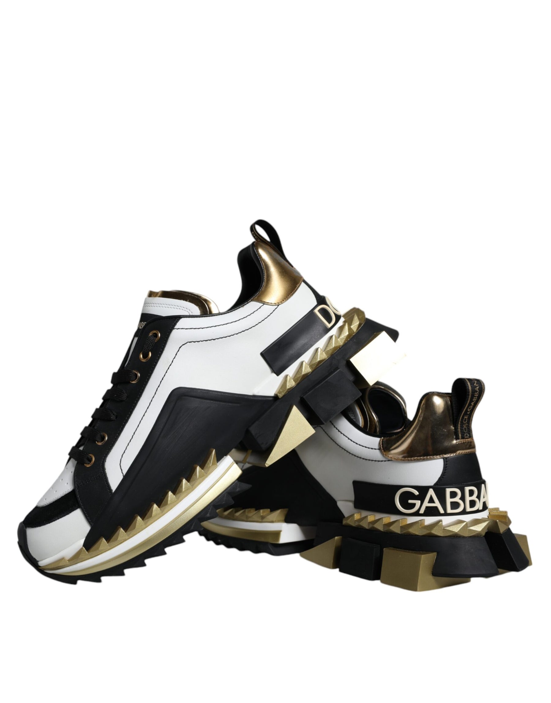 Dolce & Gabbana White Gold Black Leather SUPER KING Sneakers Shoes | Regal Royce