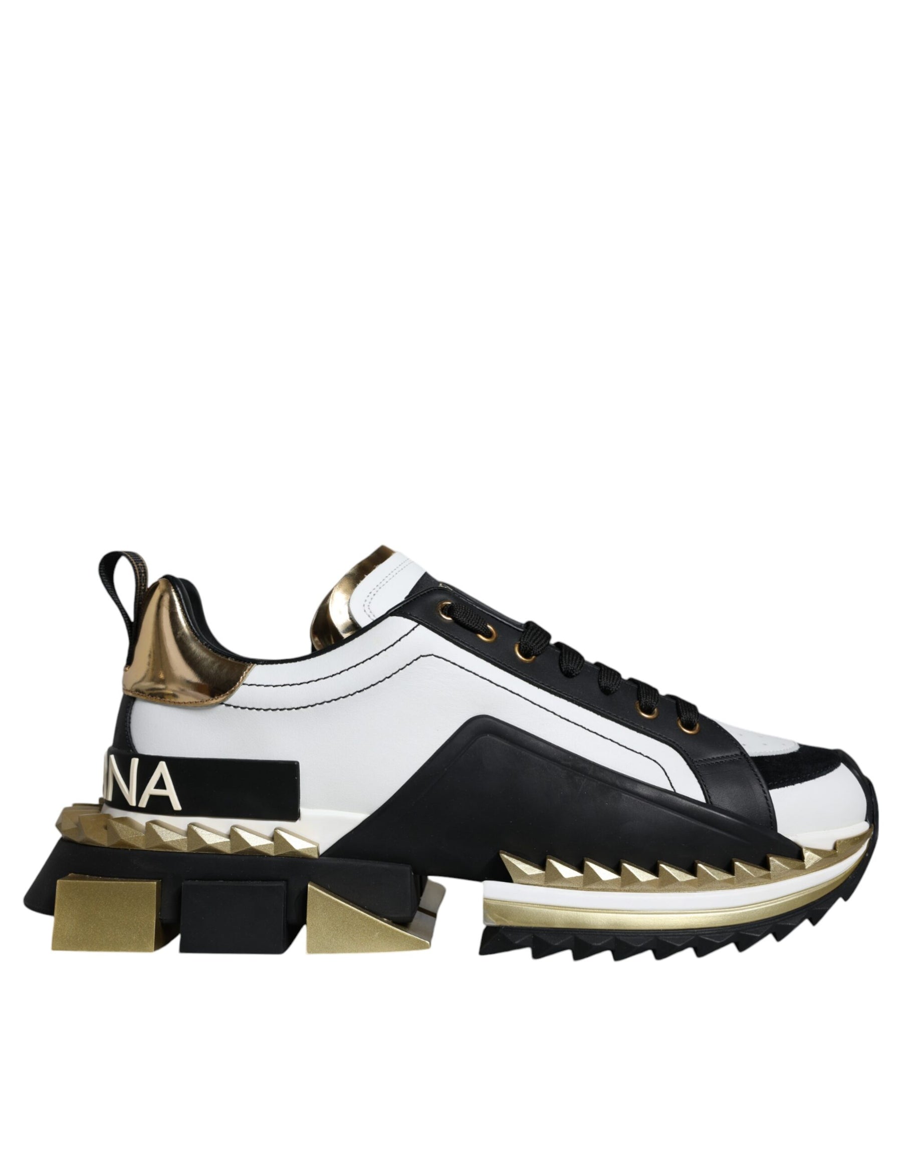 Dolce & Gabbana White Gold Black Leather SUPER KING Sneakers Shoes | Regal Royce