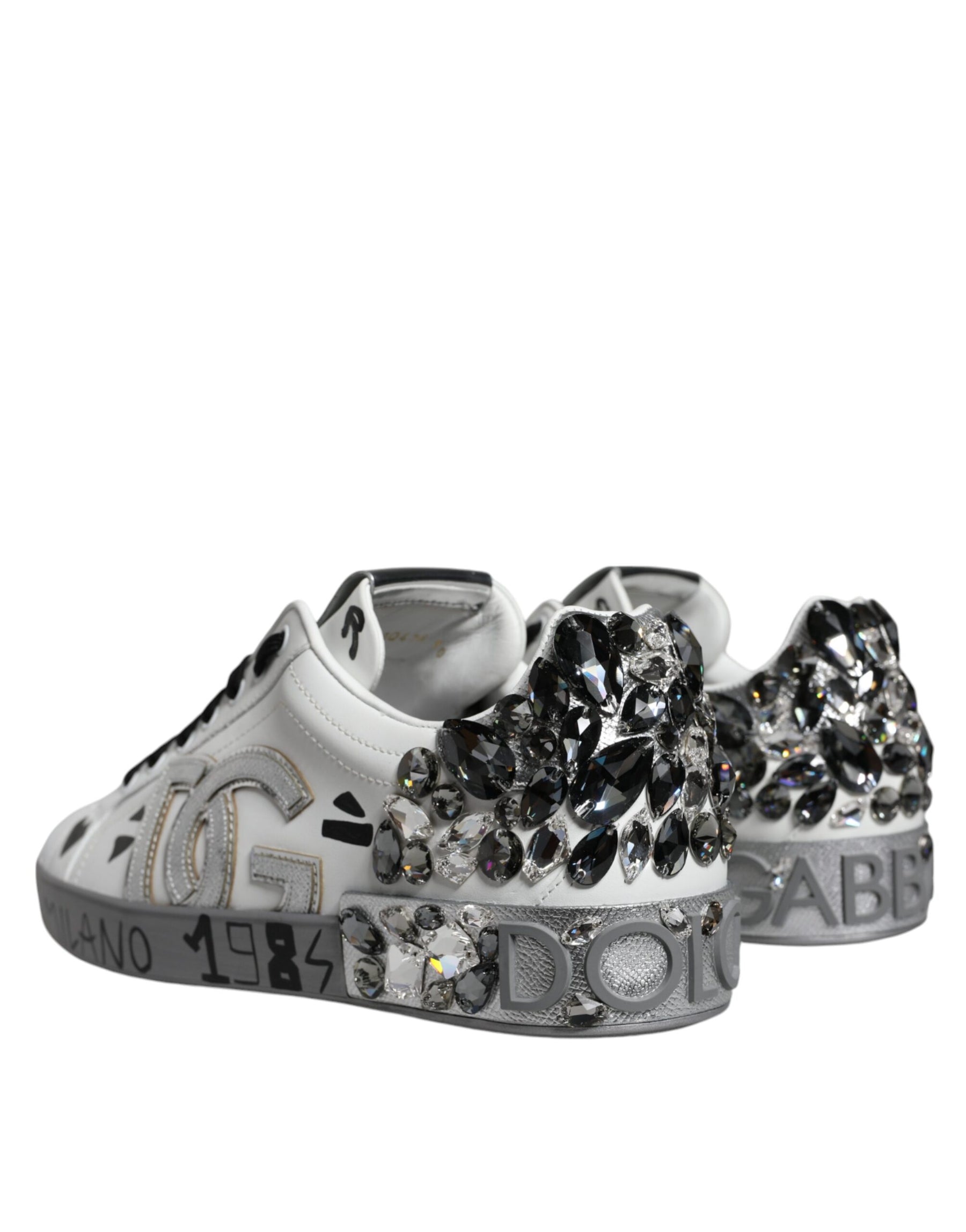 Dolce & Gabbana White Silver Crystal Logo Portofino Sneakers Shoes | Regal Royce